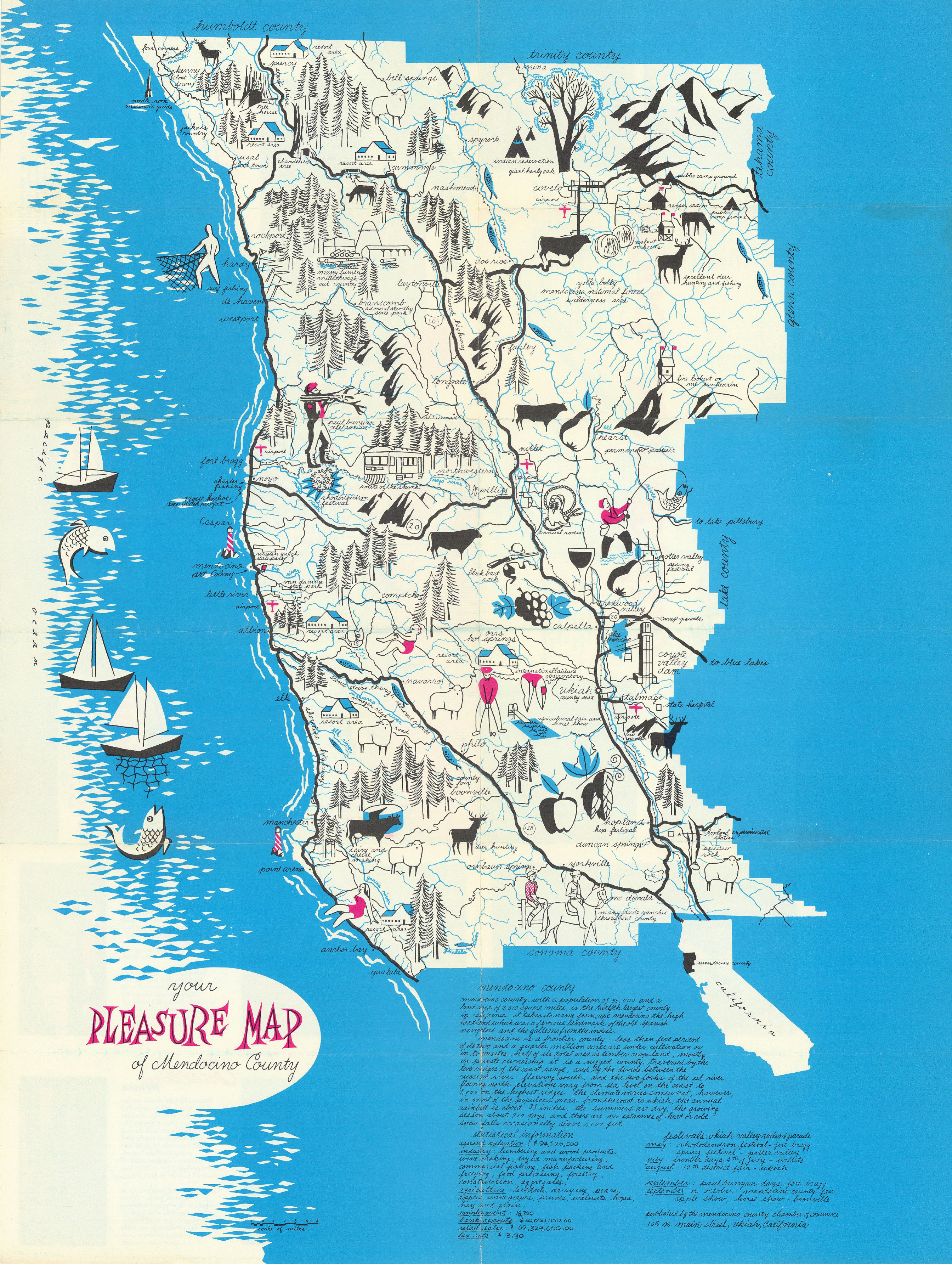 Pictorial tourist "Pleasure map of Mendocino County", California. 24"x18" c1960
