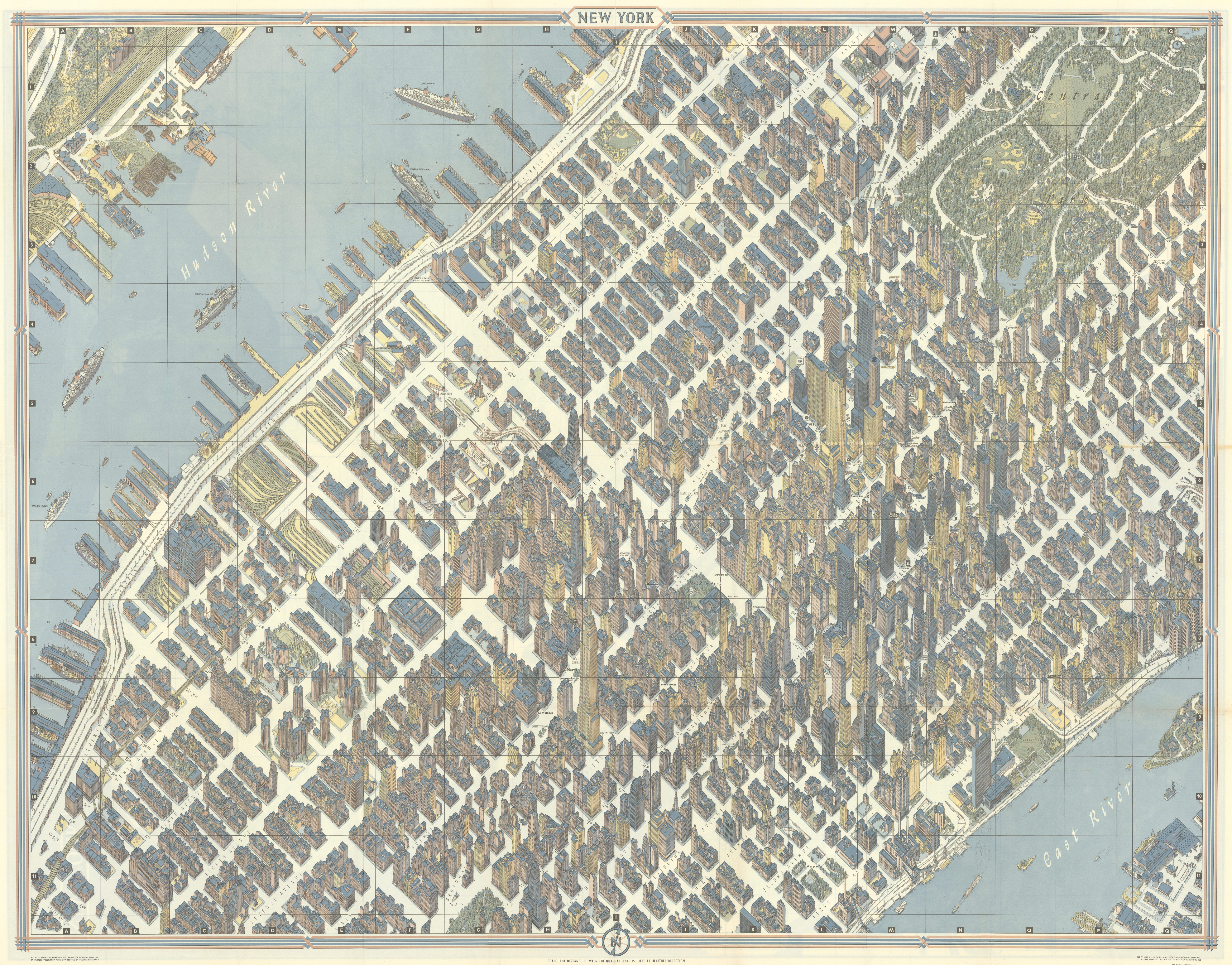 Associate Product New York pictorial bird's eye view city plan. Manhattan. BOLLMANN 1962 old map