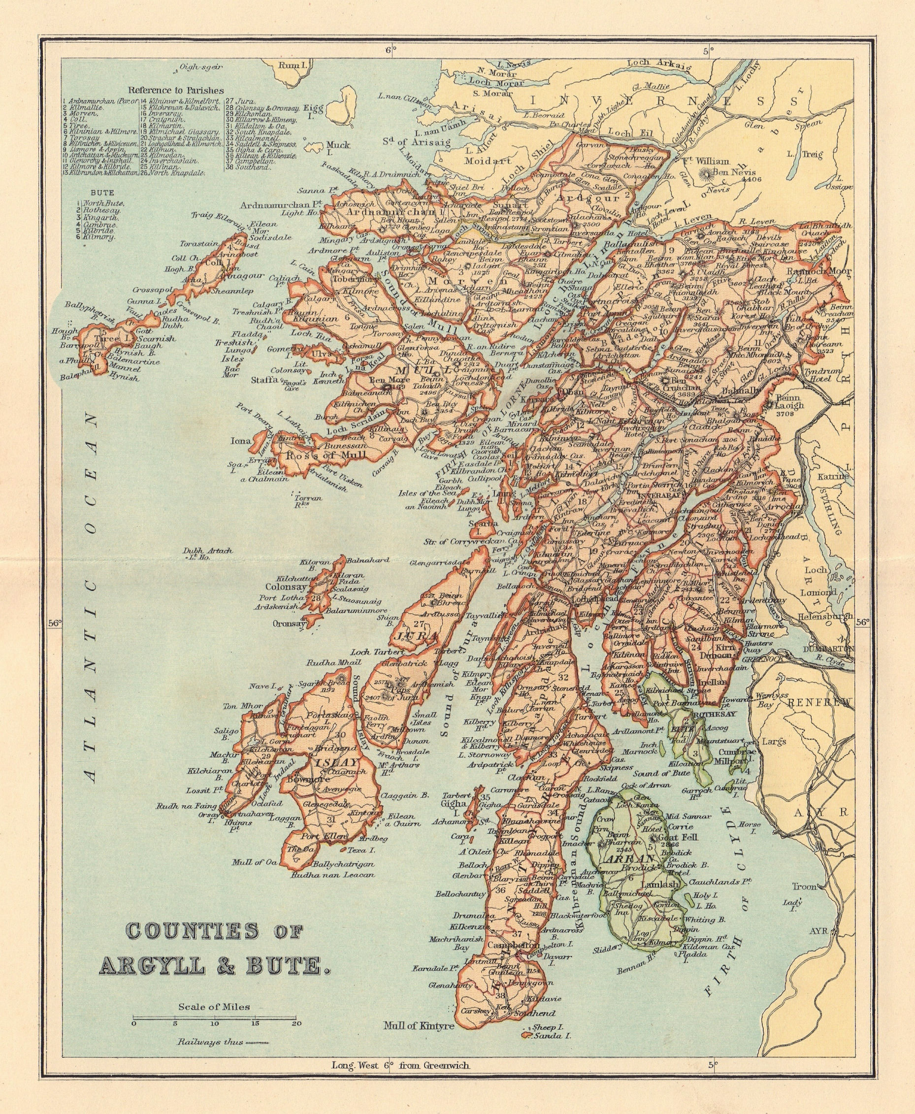 ARGYLL & BUTESHIRE antique county map. Parishes. Scotland. LIZARS 1895 old