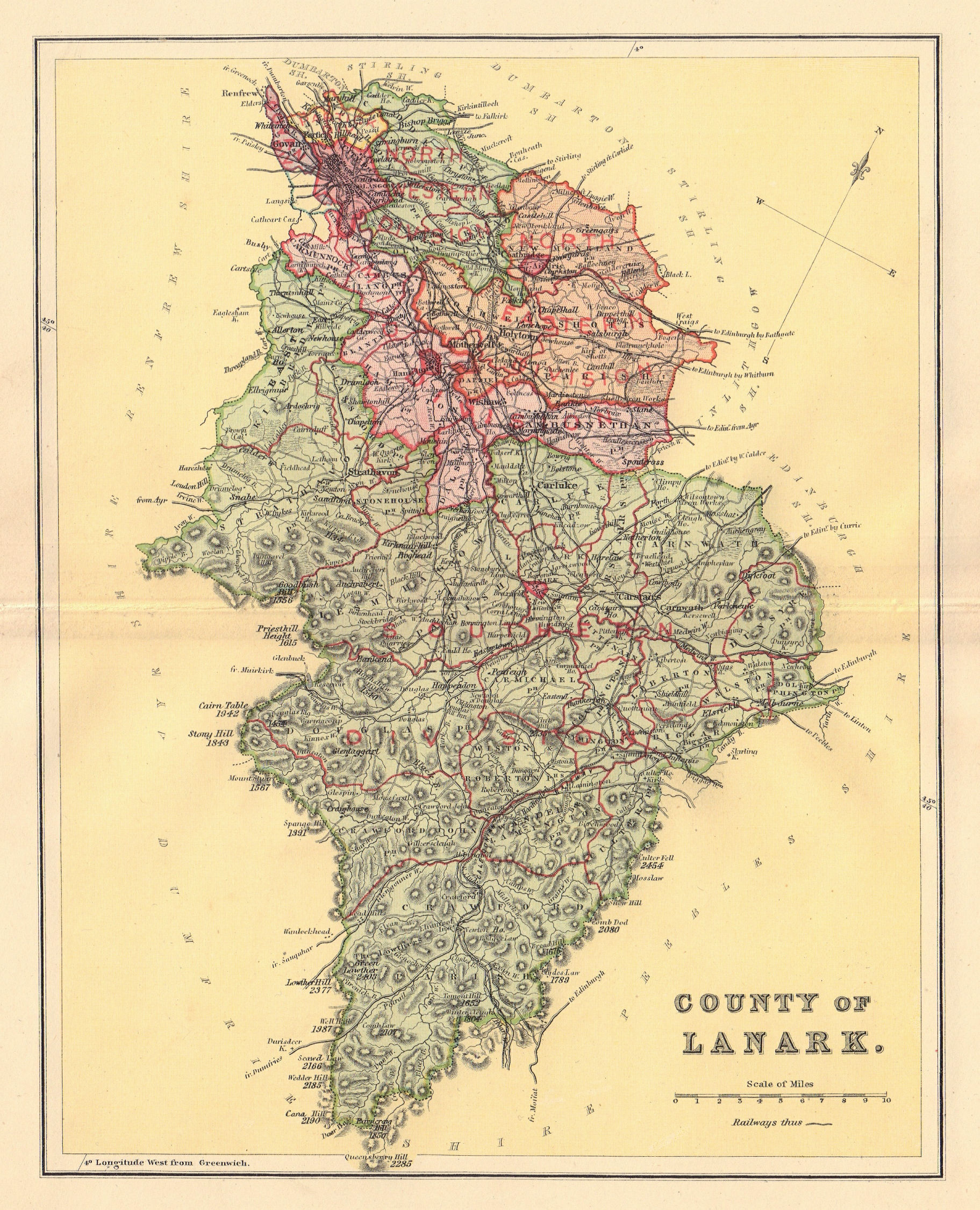 LANARKSHIRE antique county map. Parishes. Glasgow. Scotland. LIZARS 1895