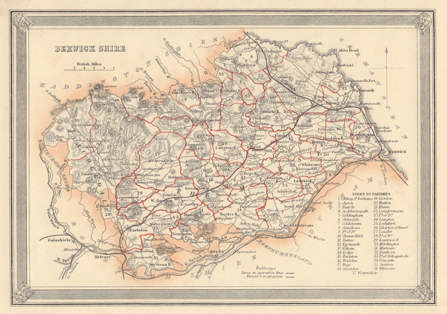 Associate Product Decorative antique county map of Berwickshire, Scotland. FULLARTON 1866