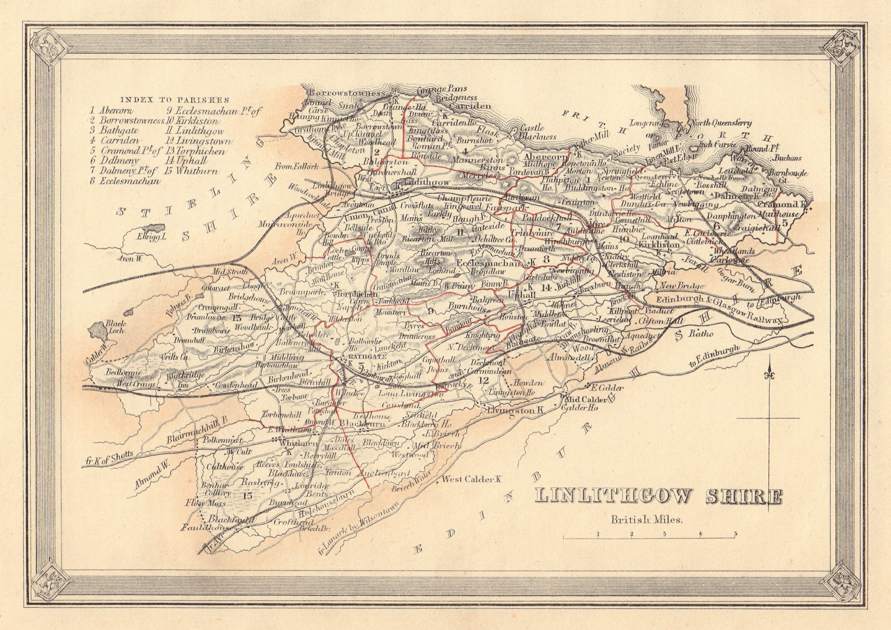 Decorative antique county map of Linlithgowshire, Scotland. FULLARTON 1866