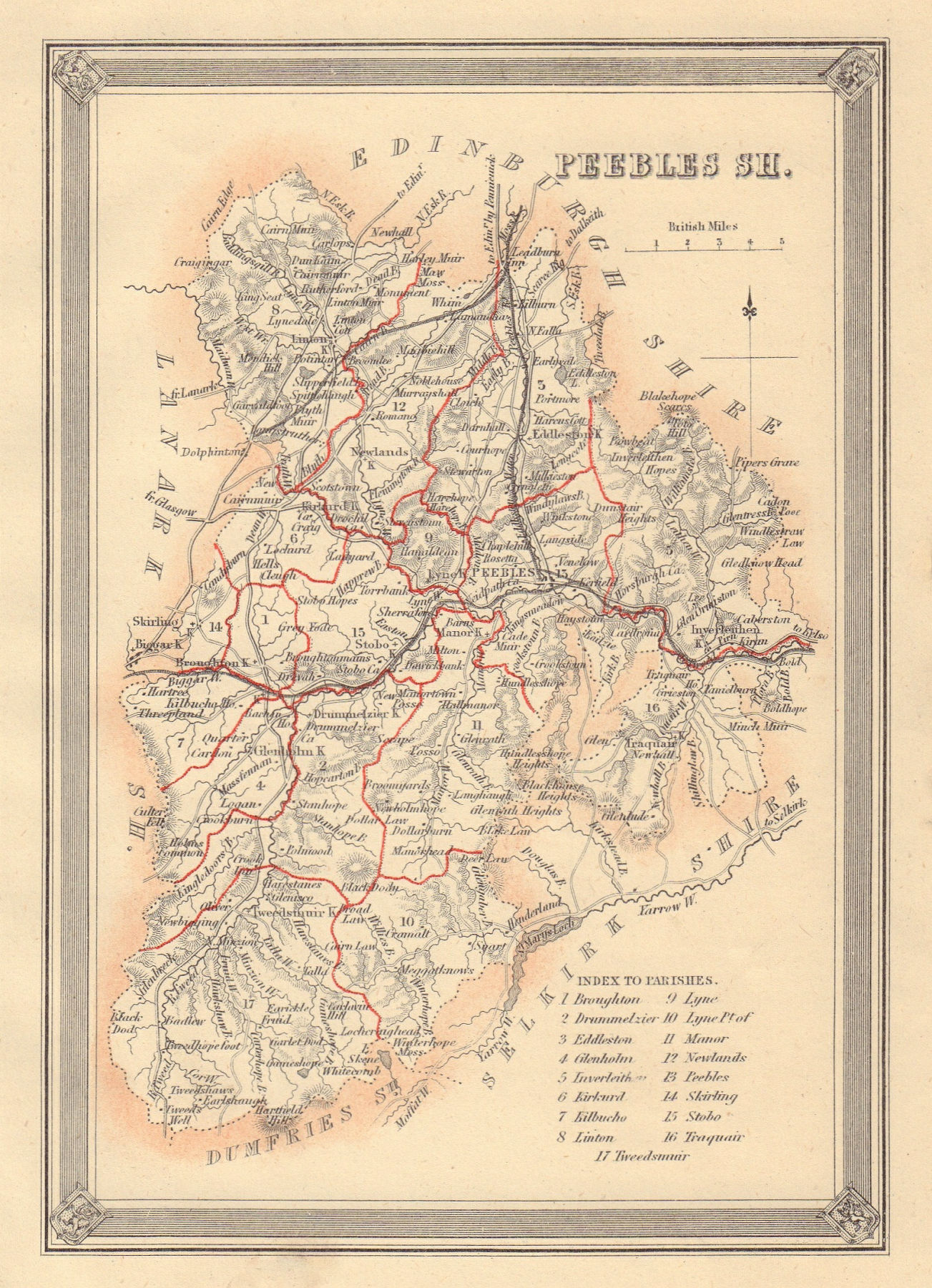 Decorative antique county map of Peeblesshire, Scotland. FULLARTON 1866