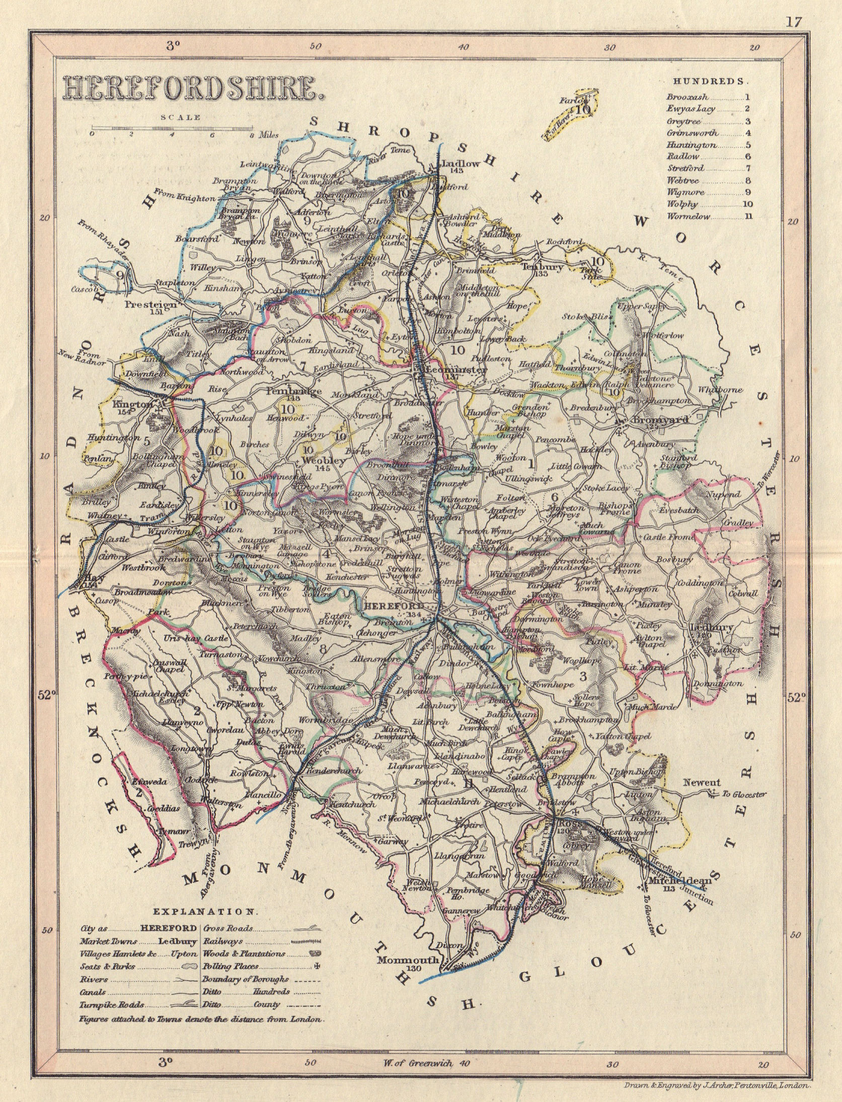 HEREFORDSHIRE county map by DUGDALE/ARCHER. Seats canals polling places 1845
