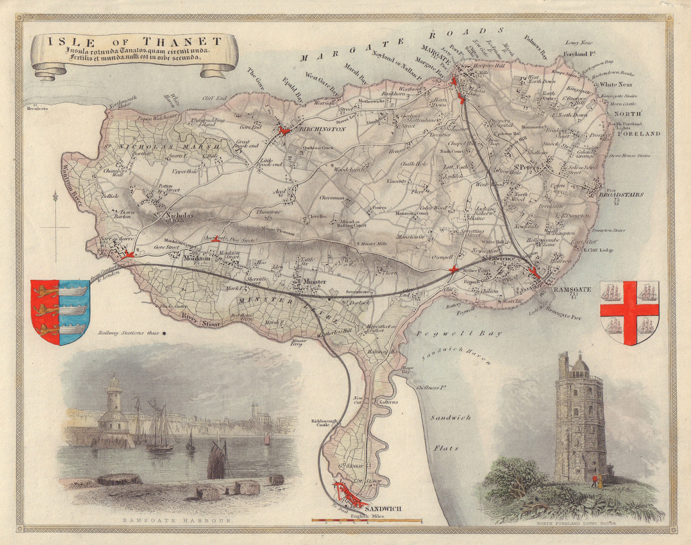 Isle of Thanet antique map. Margate Broadstairs Ramsgate Sandwich MOULE c1845