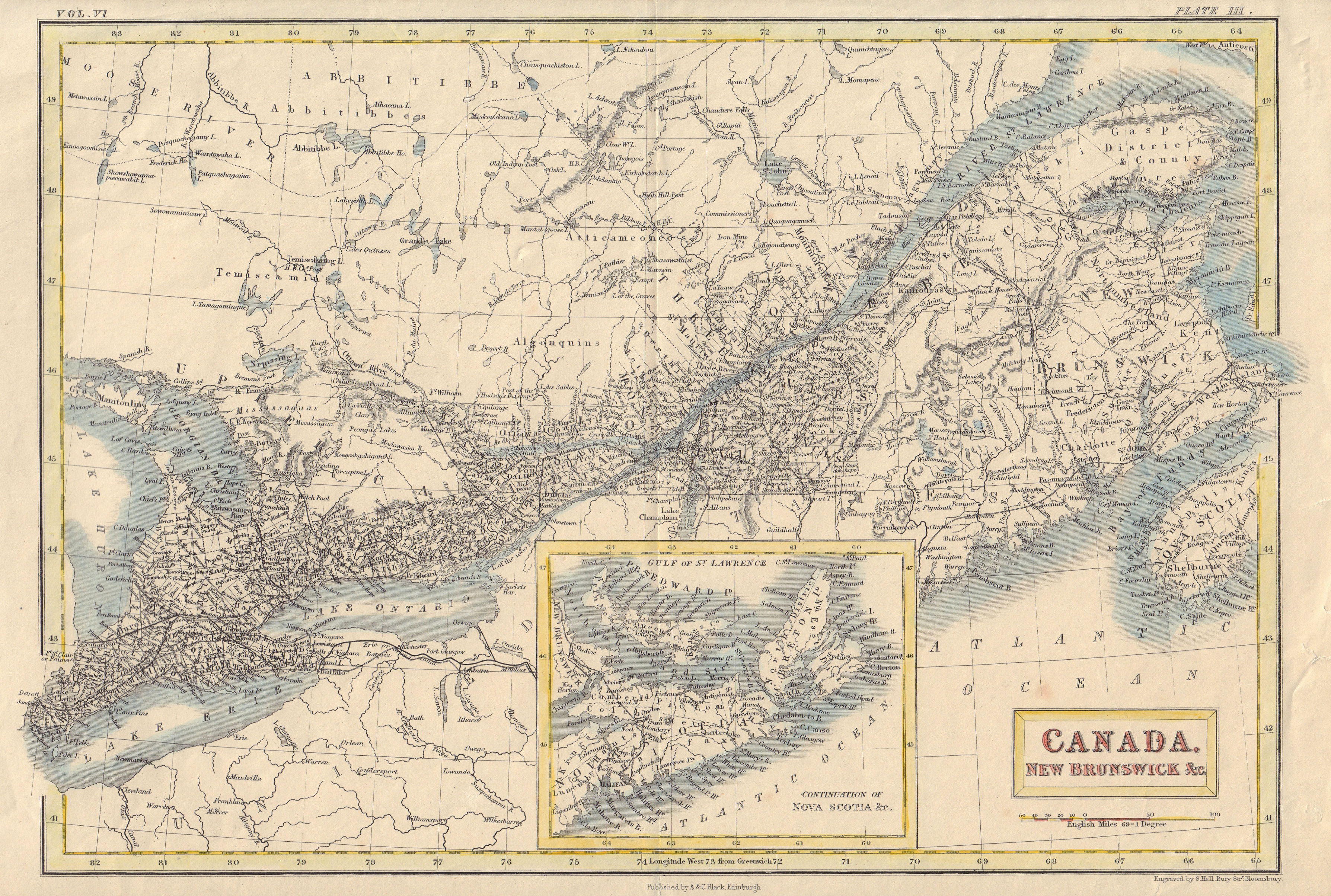 Canada, New Brunswick. St Lawrence Great Lakes Ontario Quebec. BLACK c1840 map