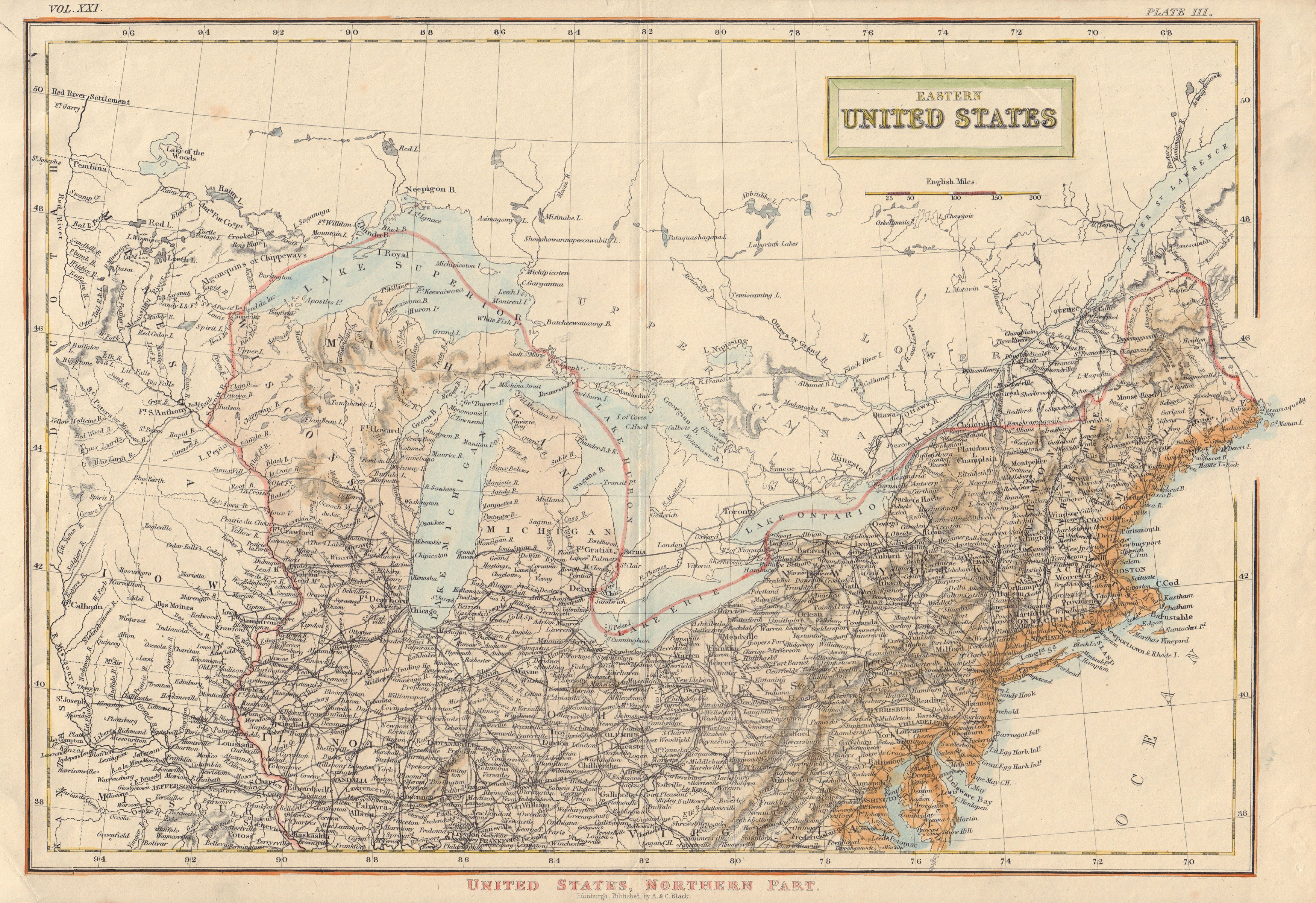 Associate Product [North] Eastern United States. Great Lakes New England Mid West. BLACK c1850 map