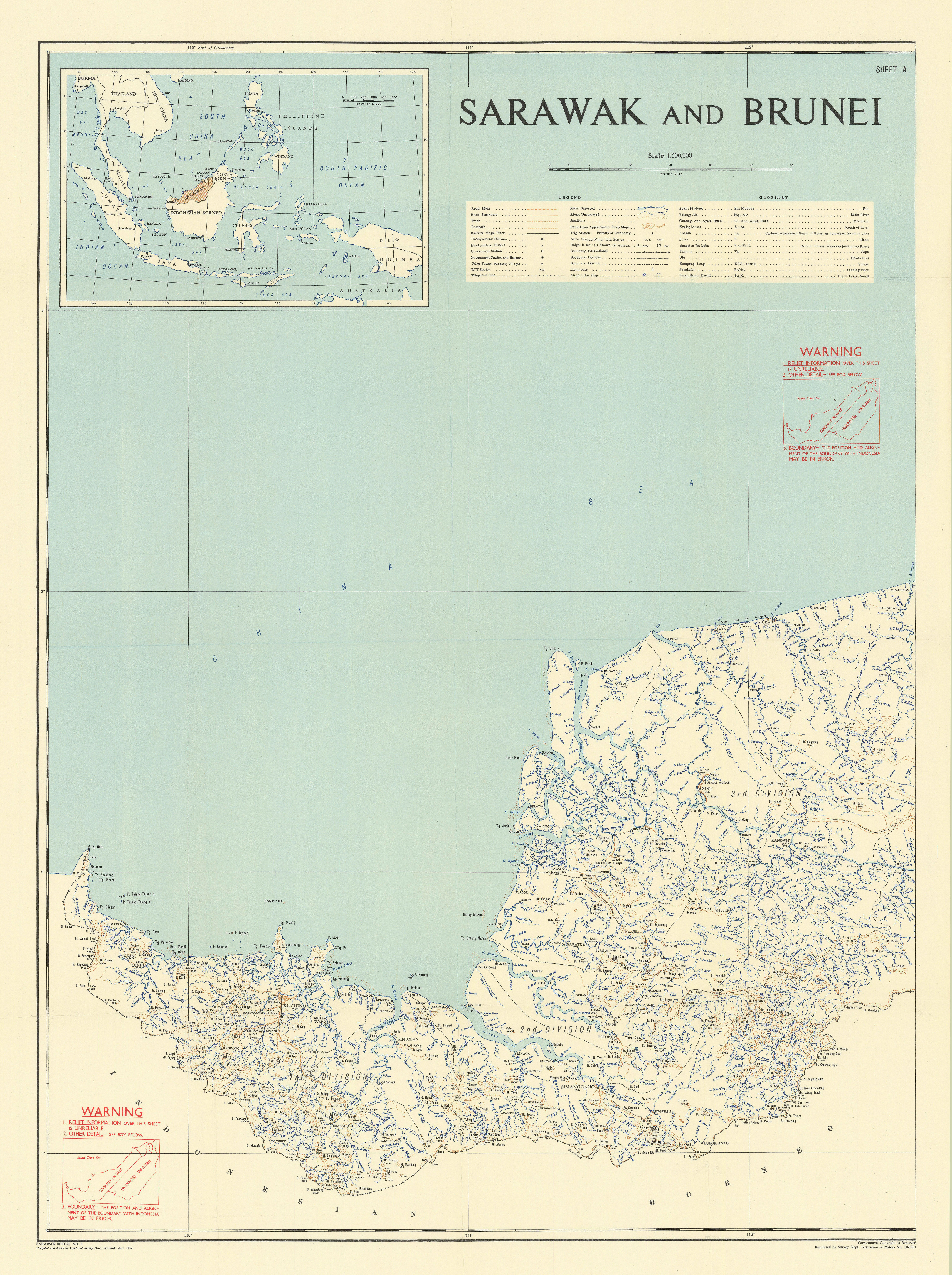 Associate Product Sarawak & Brunei Sheet A. Borneo. Malayan Emergency map. Malaysia 1964 old