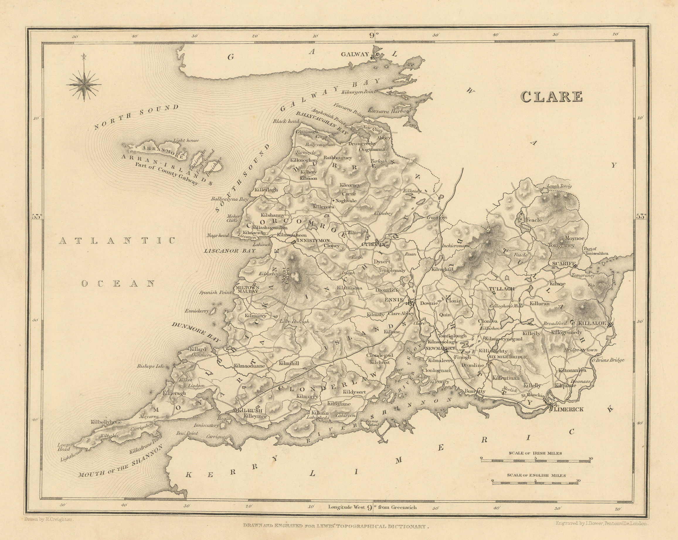COUNTY CLARE antique map for LEWIS by CREIGHTON & DOWER - Ireland 1837 old