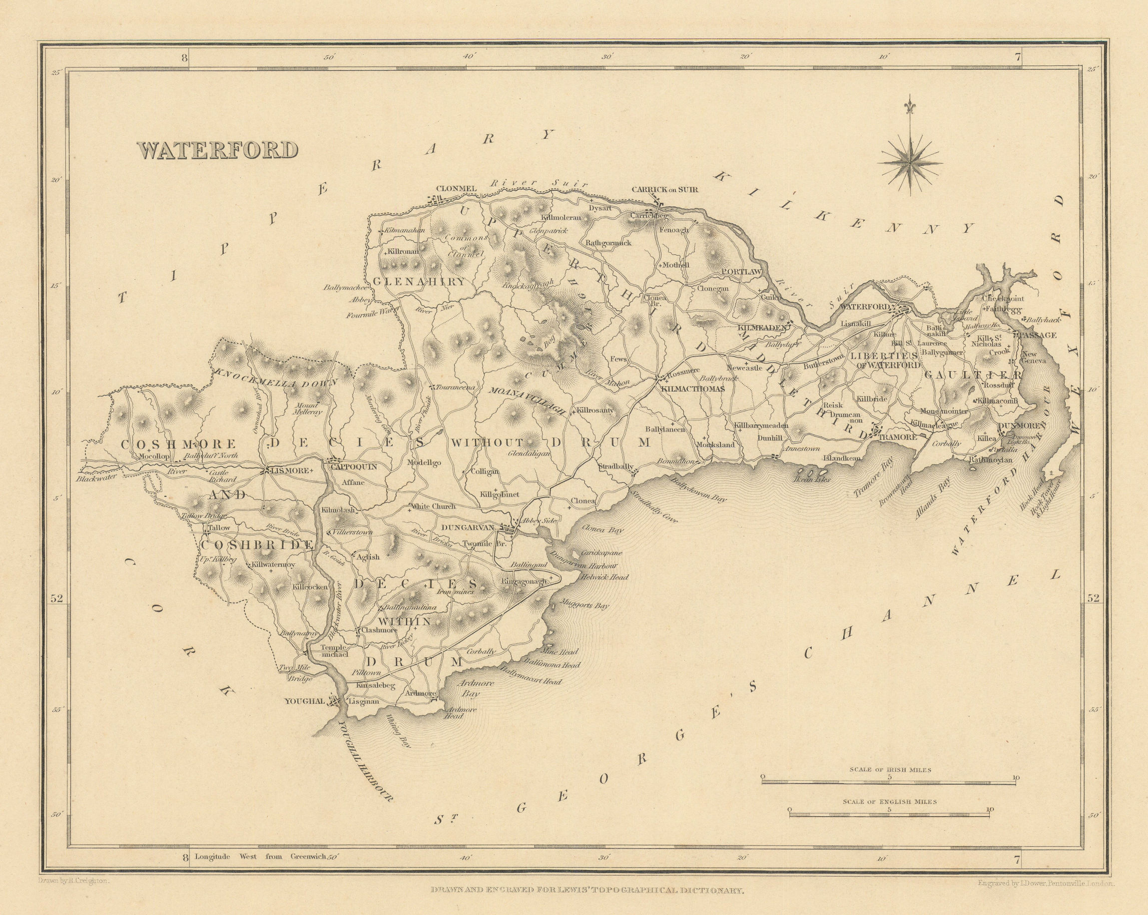 COUNTY WATERFORD antique map for LEWIS by CREIGHTON & DOWER - Ireland 1837