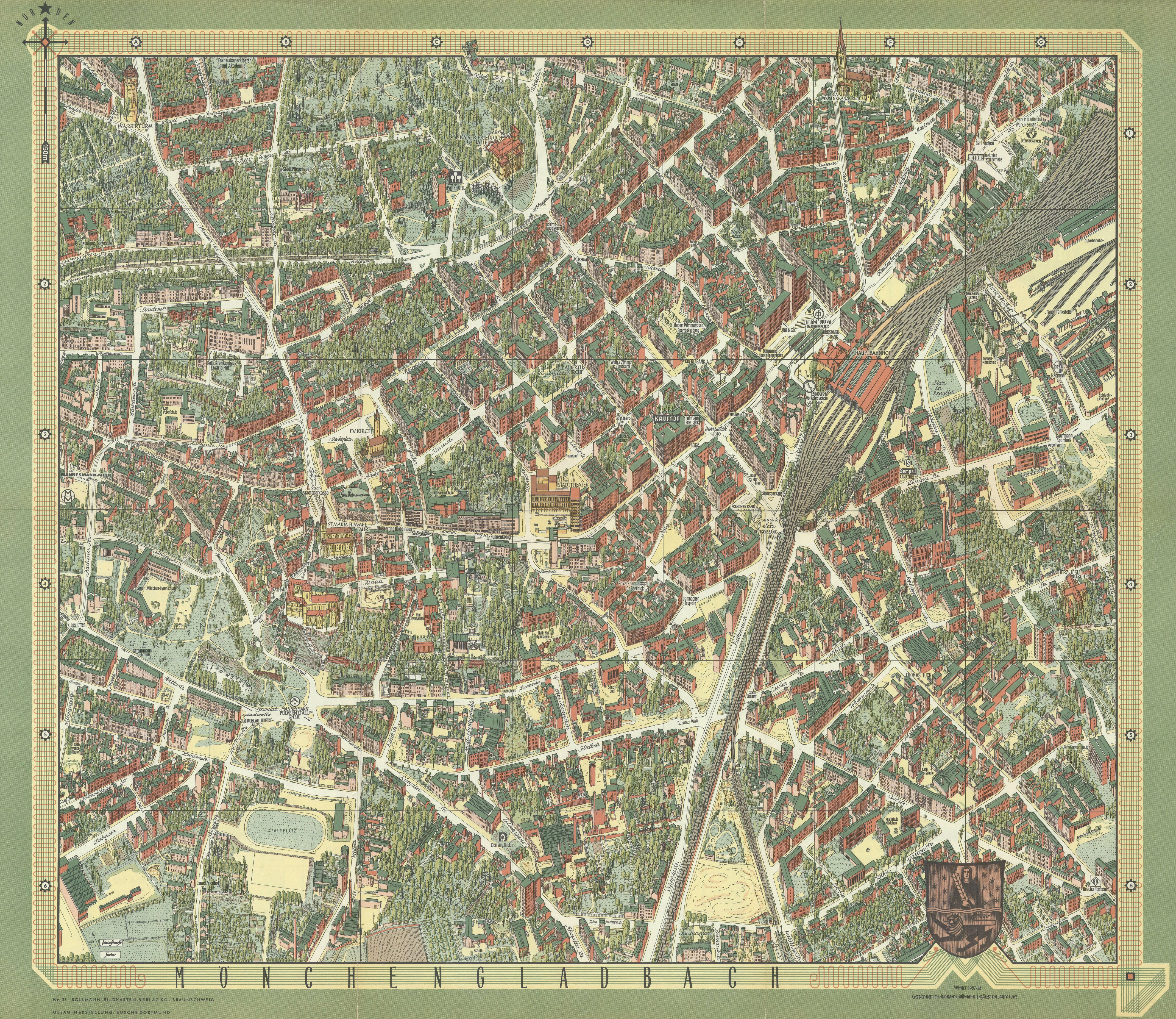 Mönchengladbach pictorial bird's eye view city plan by Hermann Bollmann 1962 map
