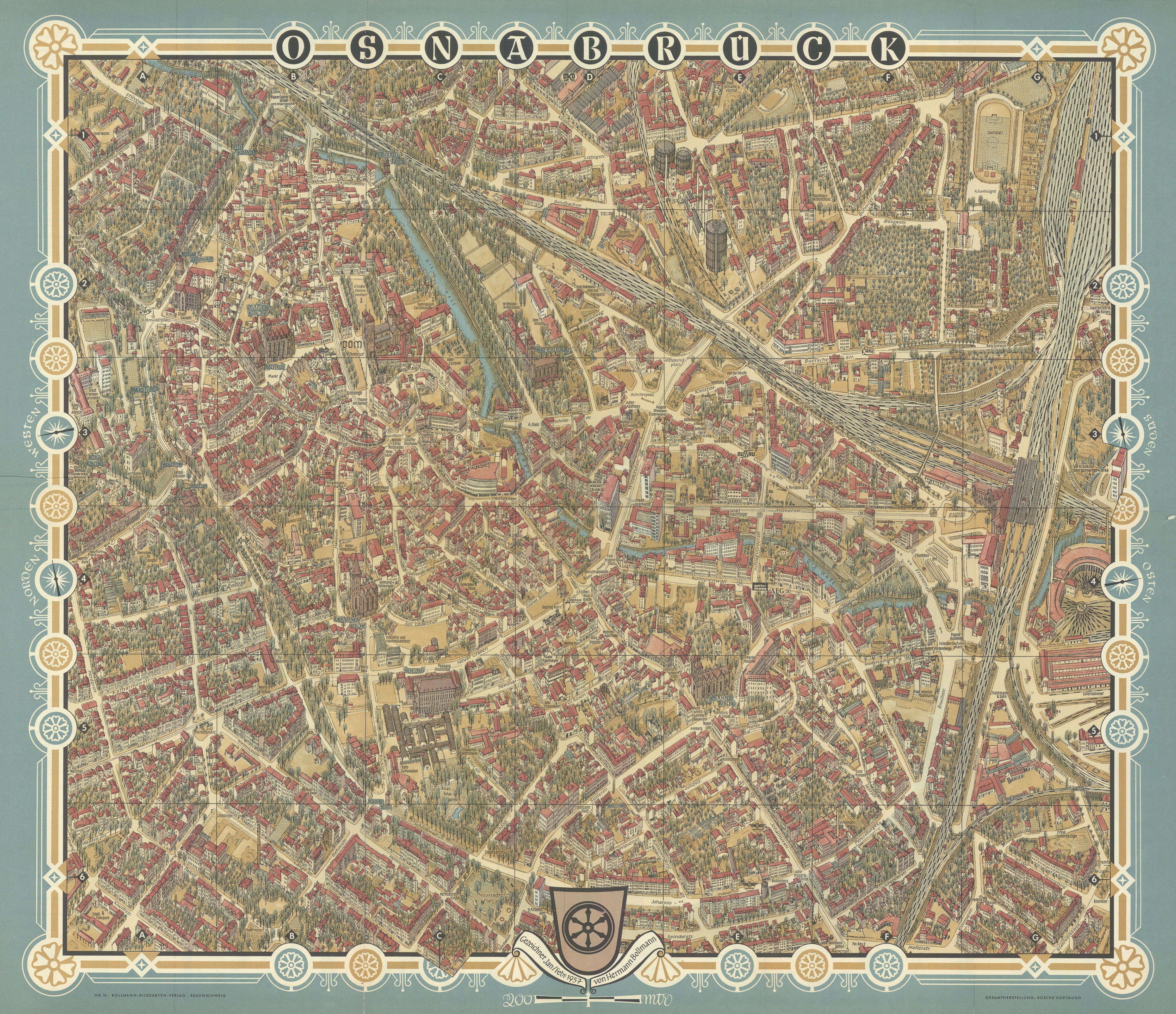 Associate Product Osnabrück pictorial bird's eye view city plan by Hermann Bollmann 1957 old map