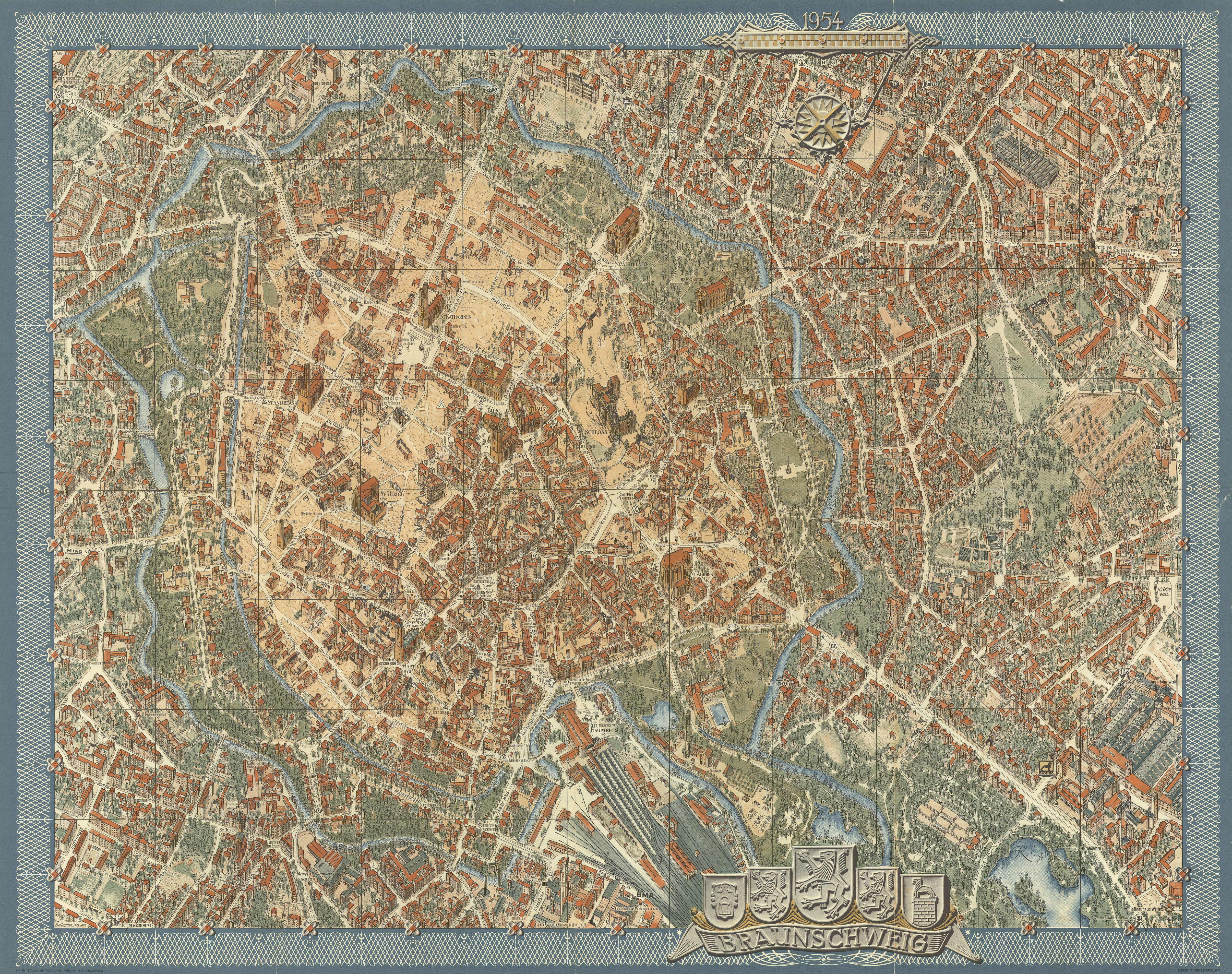Braunschweig [Brunswick] pictorial bird's eye view city plan. BOLLMANN 1954 map