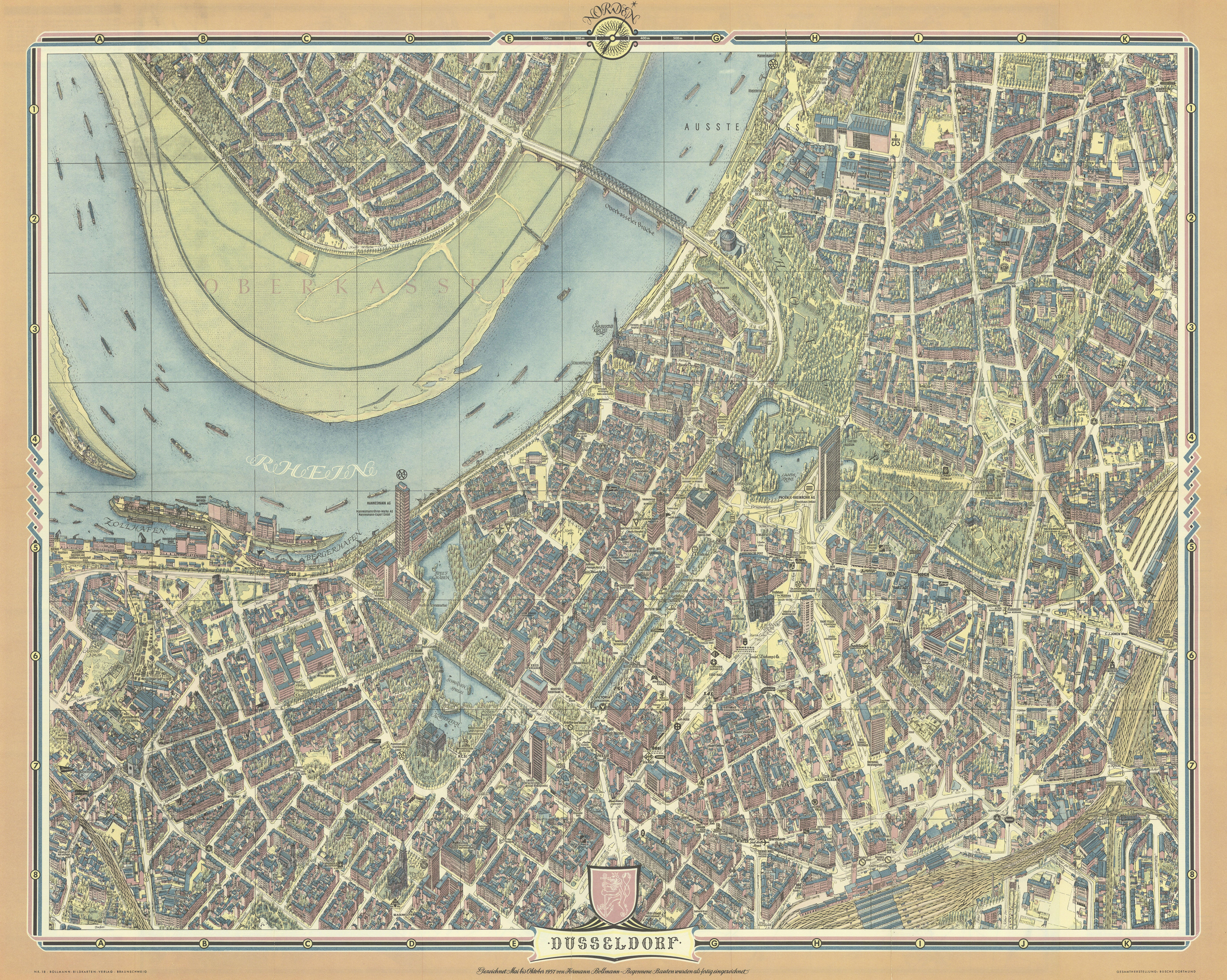 Associate Product Düsseldorf pictorial bird's eye view city plan by Hermann Bollmann 1957 map