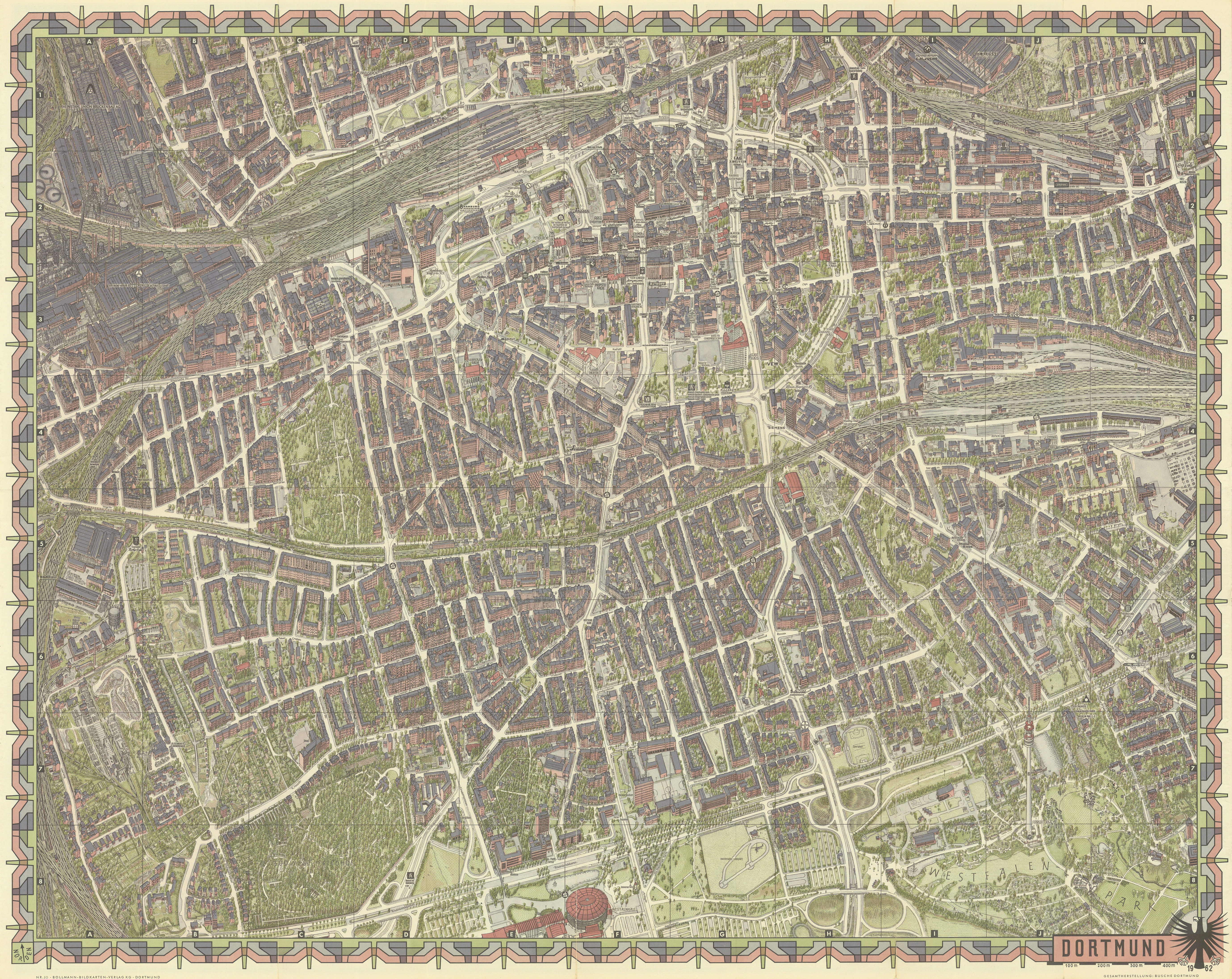 Associate Product Dortmund pictorial bird's eye view city plan by Hermann Bollmann 1962 old map