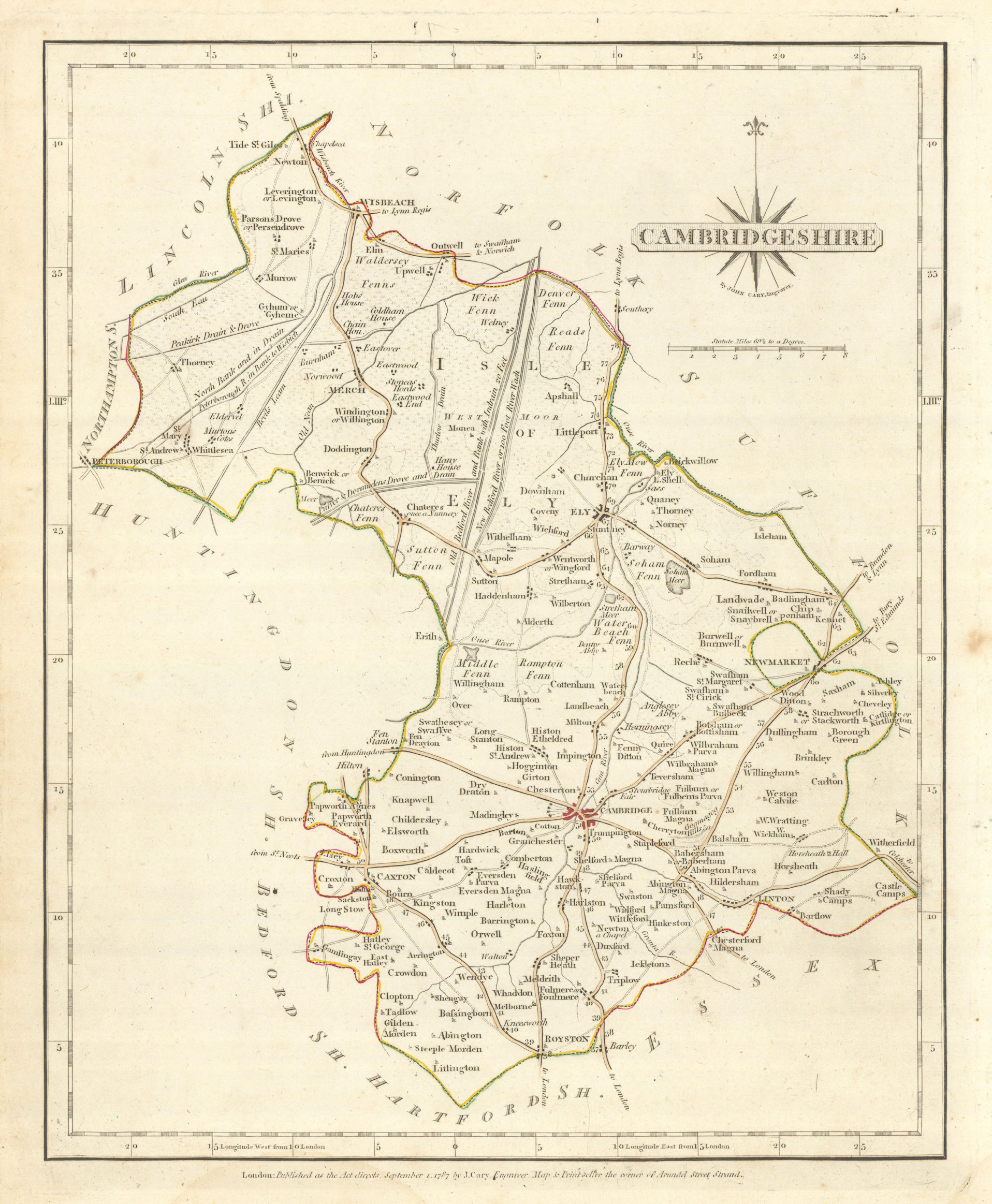 Associate Product Antique county map of CAMBRIDGESHIRE by JOHN CARY. Original outline colour 1793