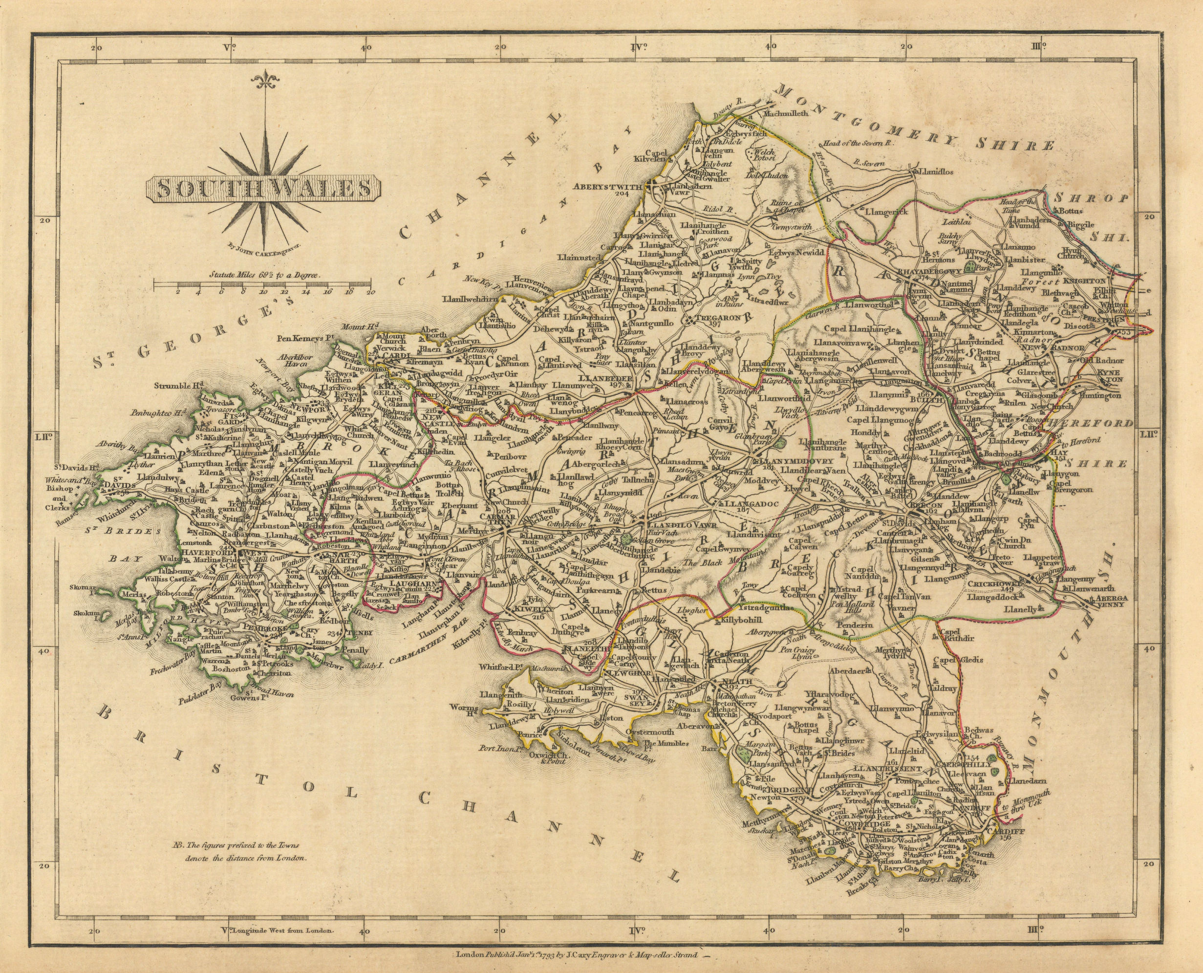 John Wood Reprint 1800s 1834 Old Antique Victorian colour map Caernarvon Wales 