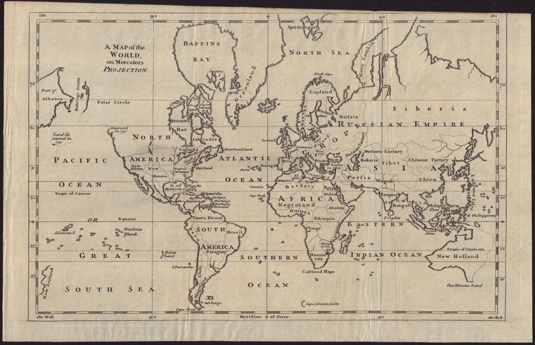Associate Product A map of the world on Mercators Projection. Davis Land. GENTS MAG 1755 old