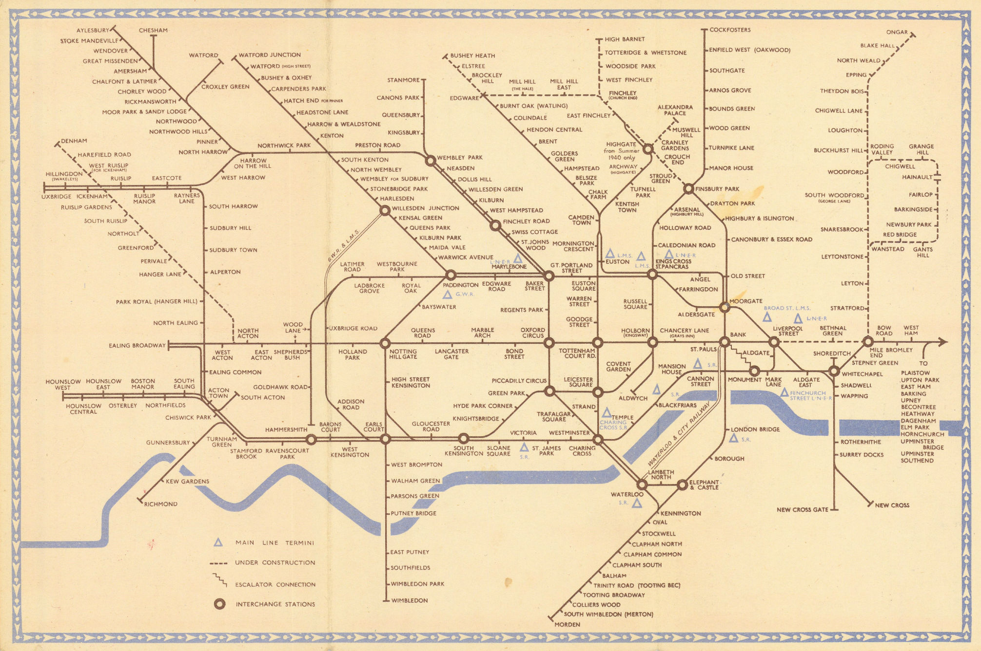 LONDON UNDERGROUND tube map plan diagram. Northern Heights SCHLEGER/ZERO #1 1940