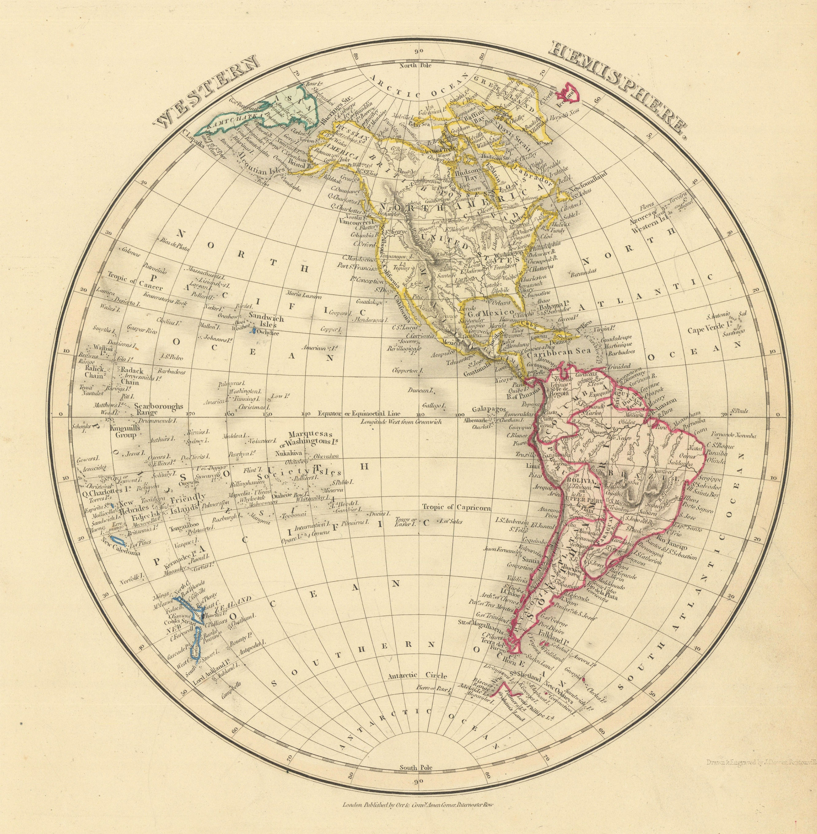 Western Hemisphere by John Dower. Americas 1845 old antique map plan chart