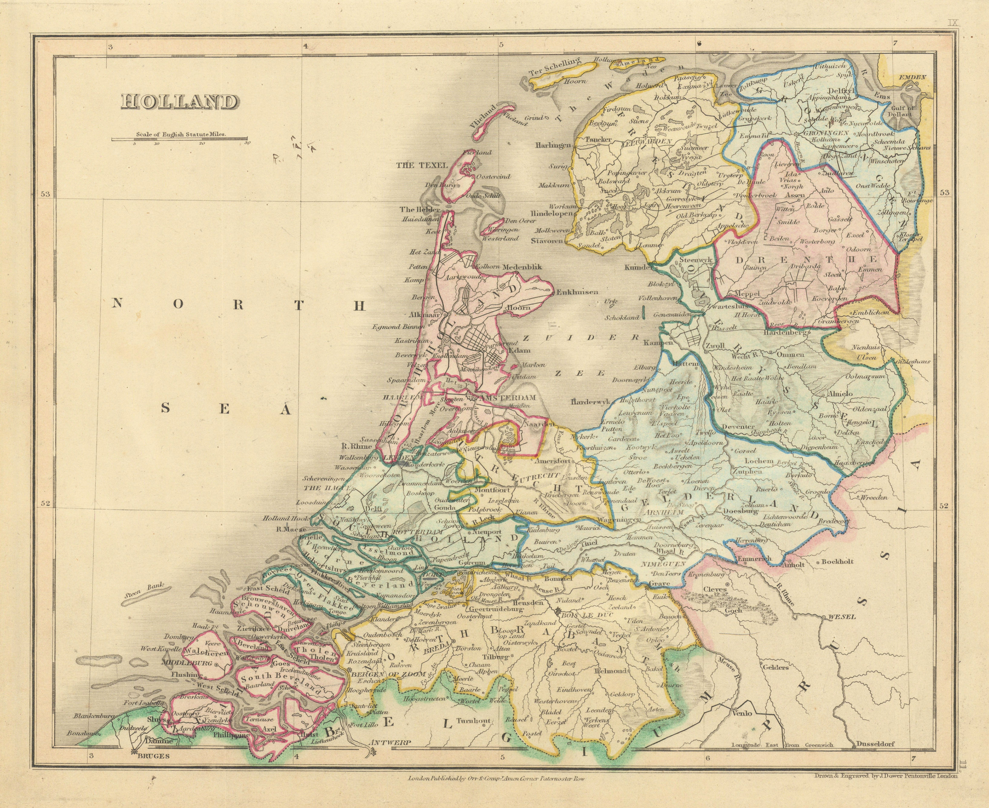 Holland by John Dower. Netherlands. Excludes Dutch Limburg 1845 old map