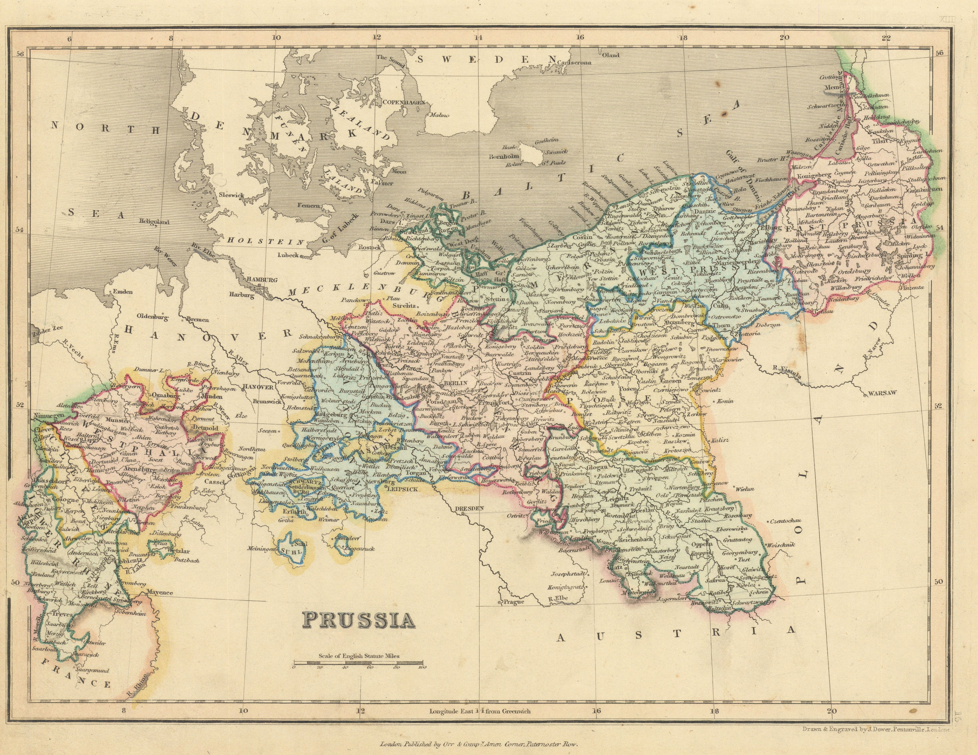 Prussia by John Dower. Germany Poland Pomerania Brandenburg Westphalia 1845 map
