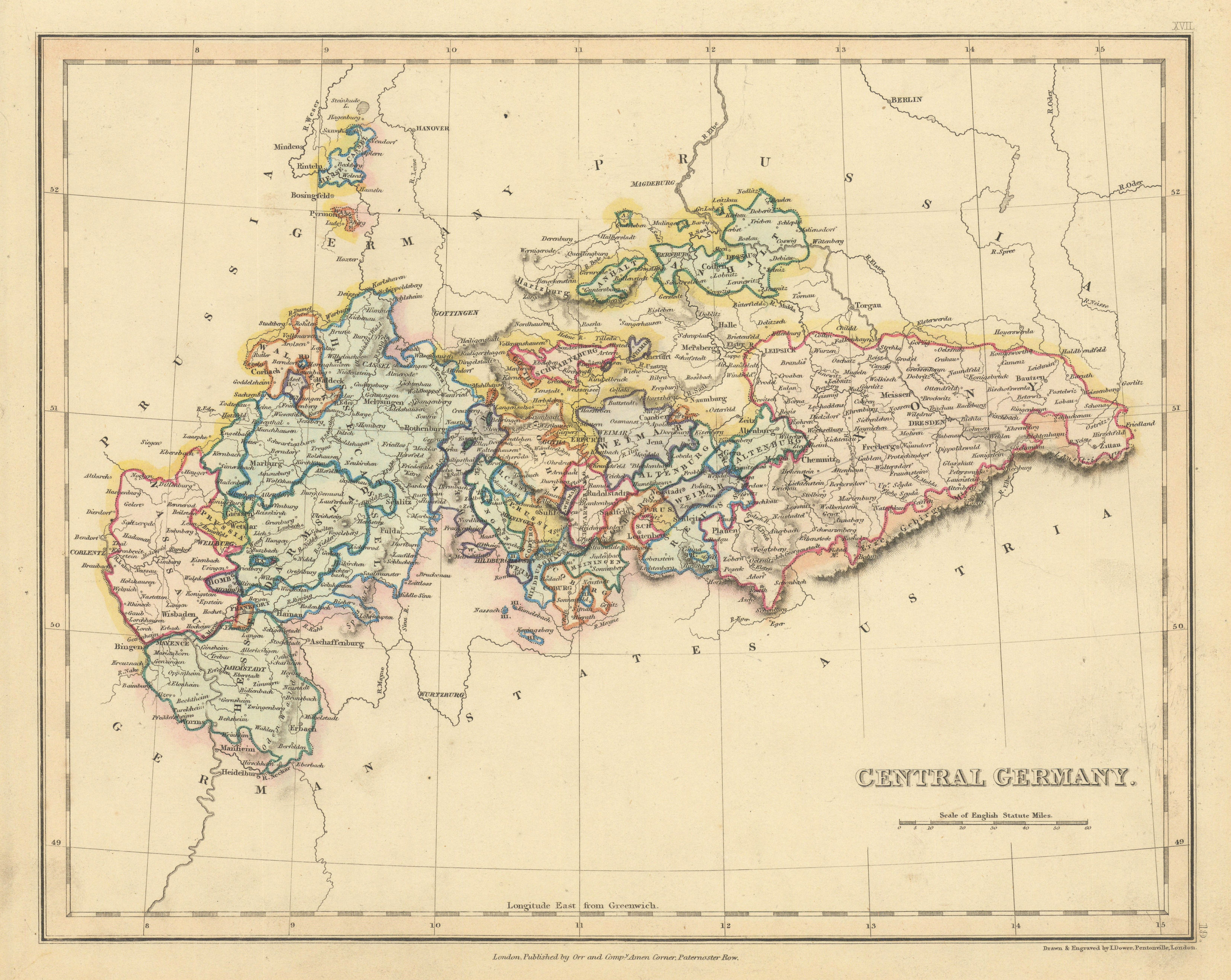 Central Germany by John Dower. Sachsen Thuringen Hessen Rheinland-Pfalz 1845 map