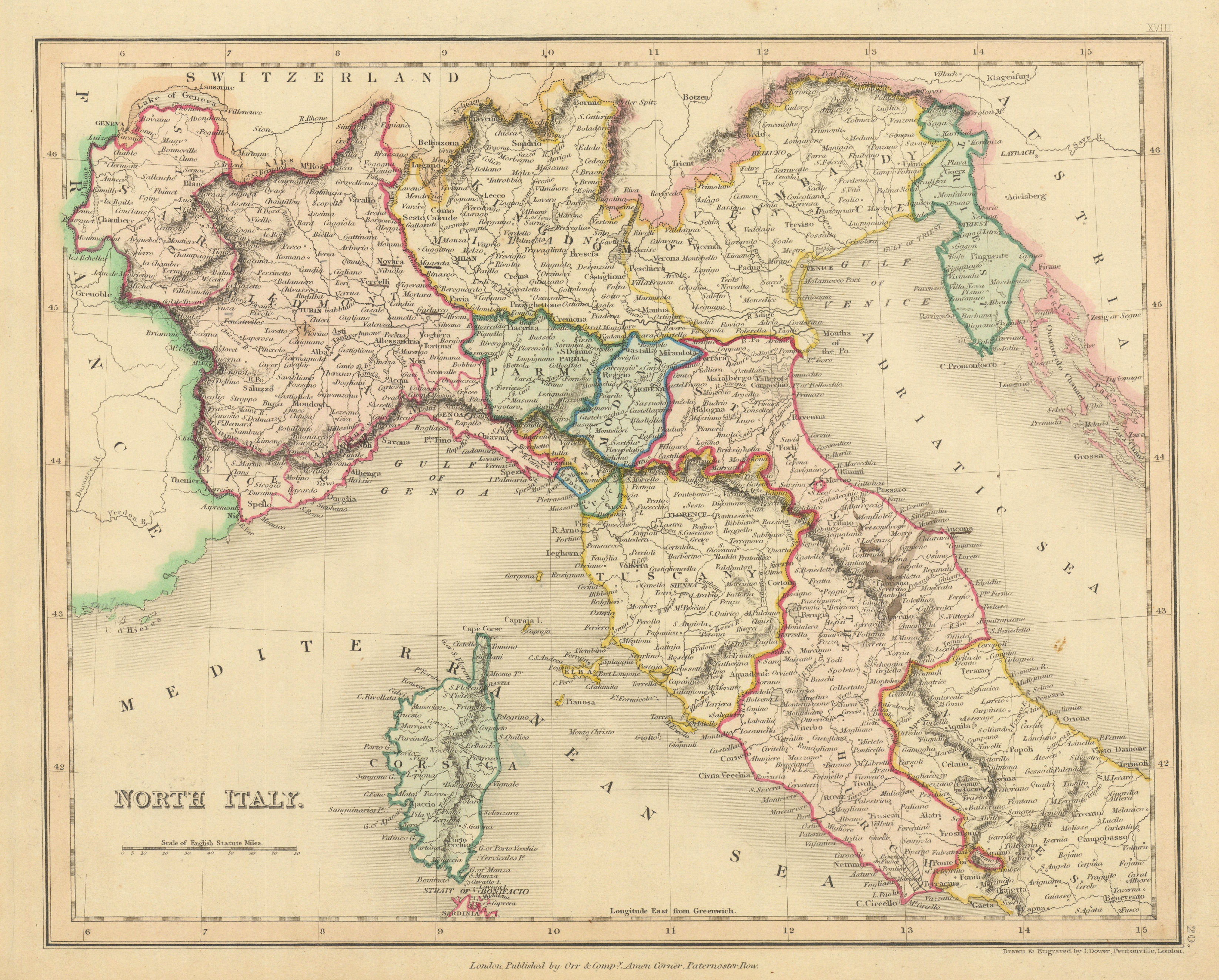 North Italy with Savoie, Istria & Alpes-Maritimes. Papal States. DOWER 1845 map