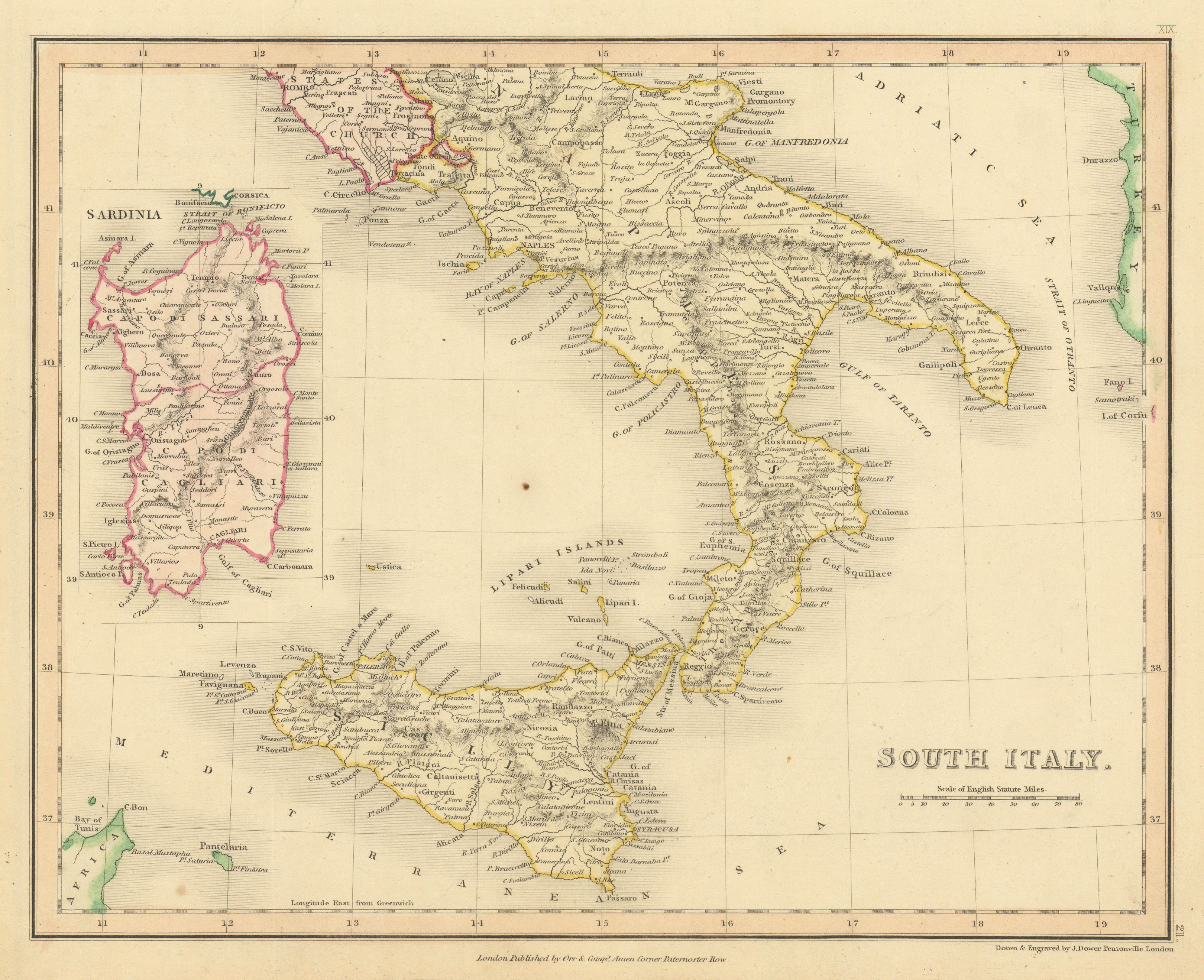 Associate Product South Italy by John Dower. Sicily Naples & Sardinia 1845 old antique map chart
