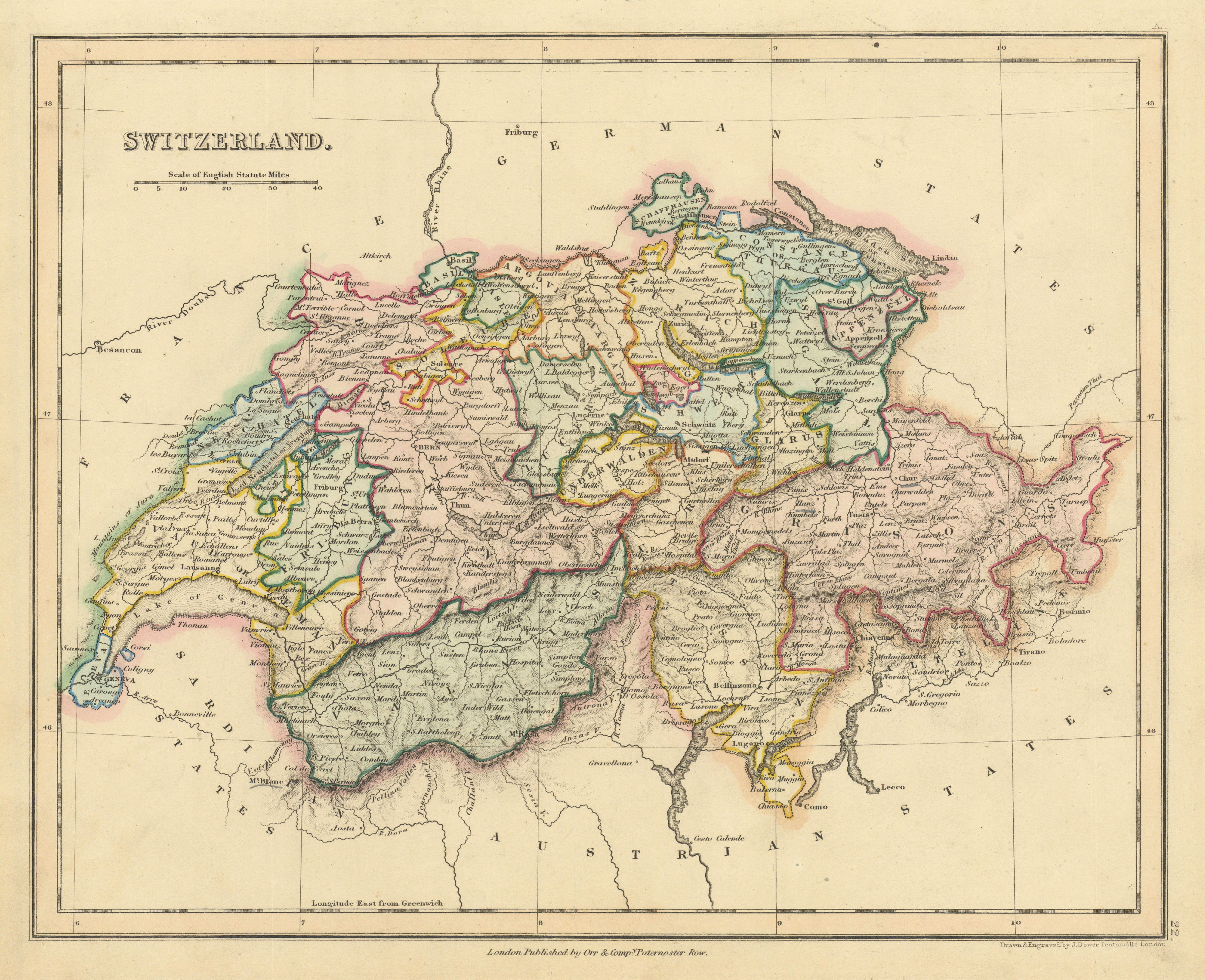 Associate Product Switzerland in cantons by John Dower 1845 old antique vintage map plan chart
