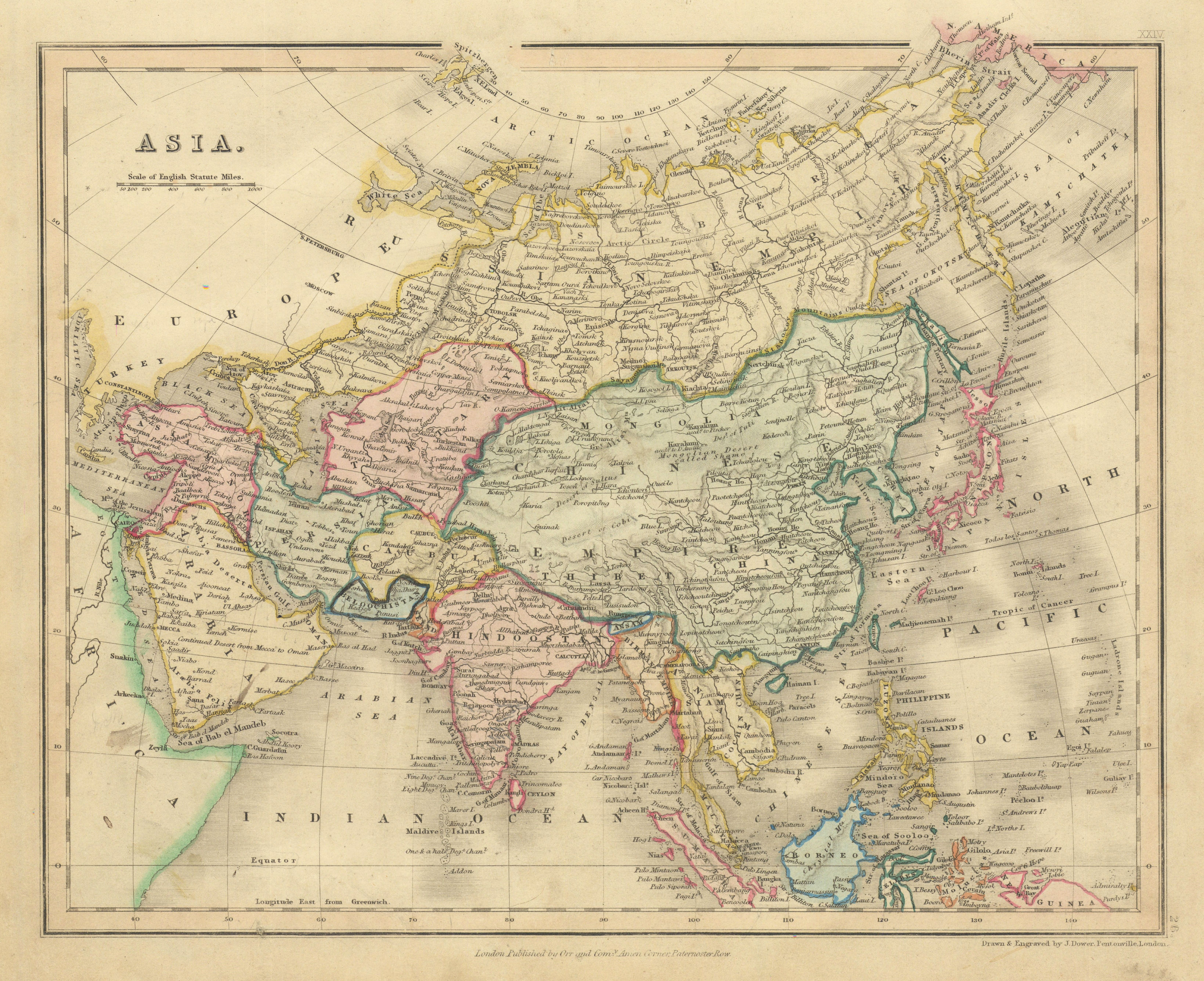 Associate Product Asia by John Dower. Arabia Tartary Persia Siam Hindoostan Niphon 1845 old map