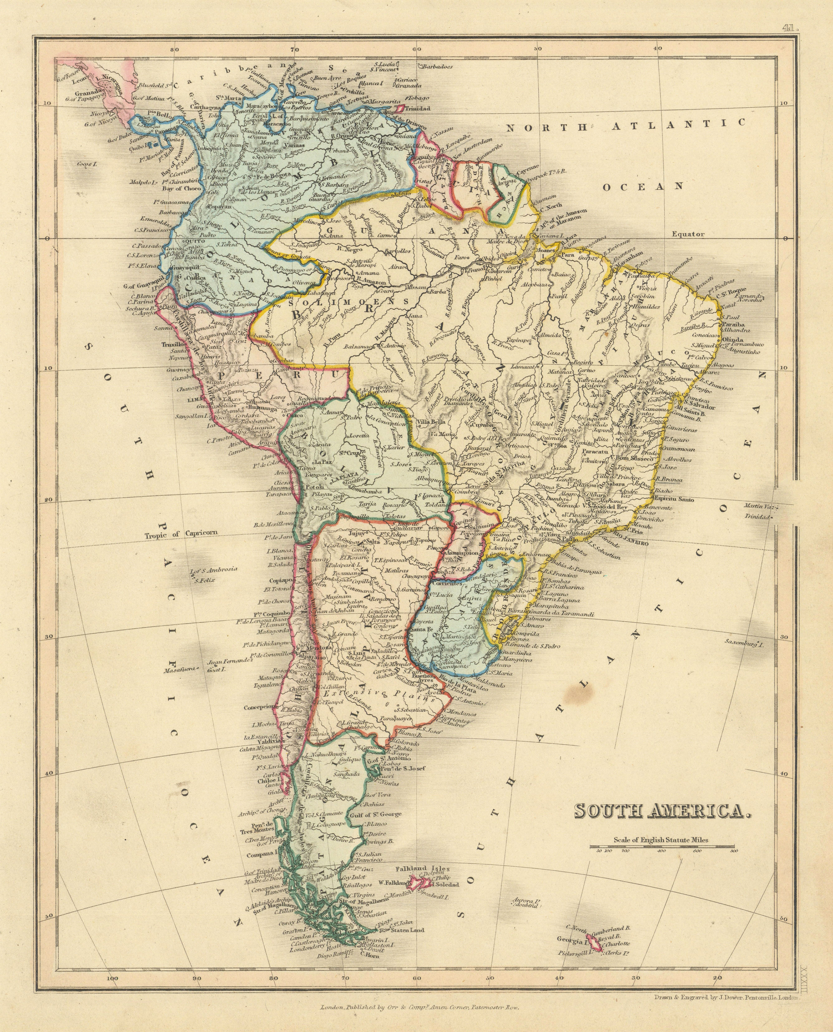 Associate Product South America by John Dower. Gran Colombia. La Plata. Brazil 1845 old map