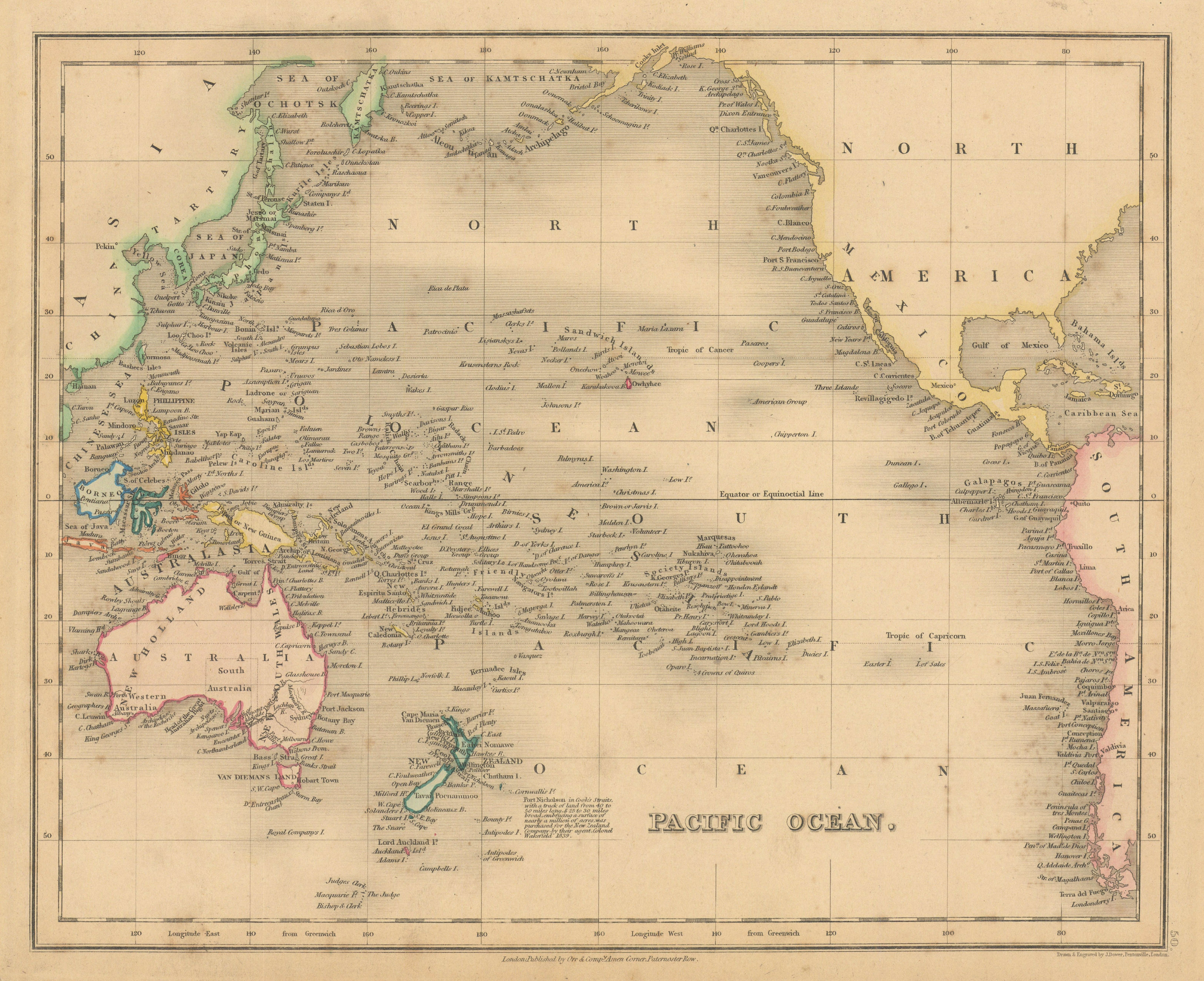 Pacific Ocean by John Dower. Polynesia Australasia 1845 old antique map chart