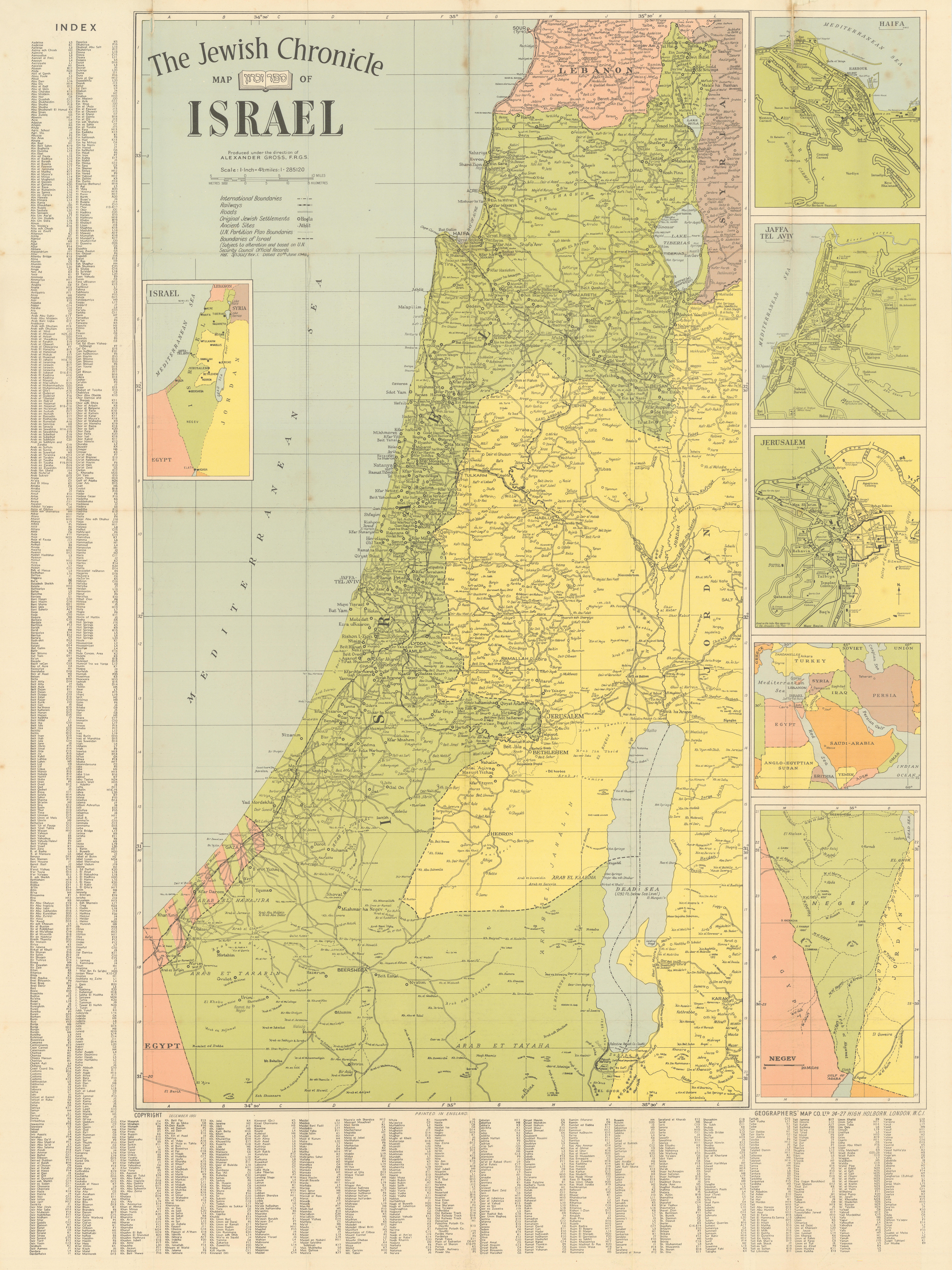 The Jewish Chronicle map of Israel by Alexander Gross. Folding 100x75cm 1951