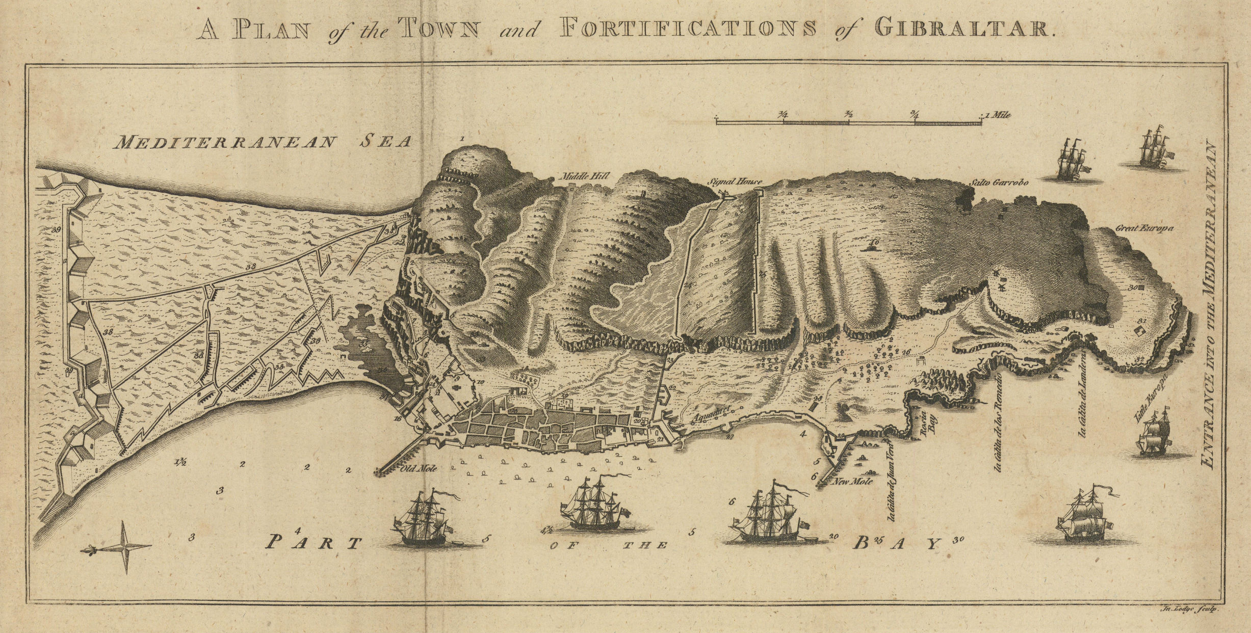 A Plan of the Town and Fortifications of Gibraltar, by John Lodge 1780 old map