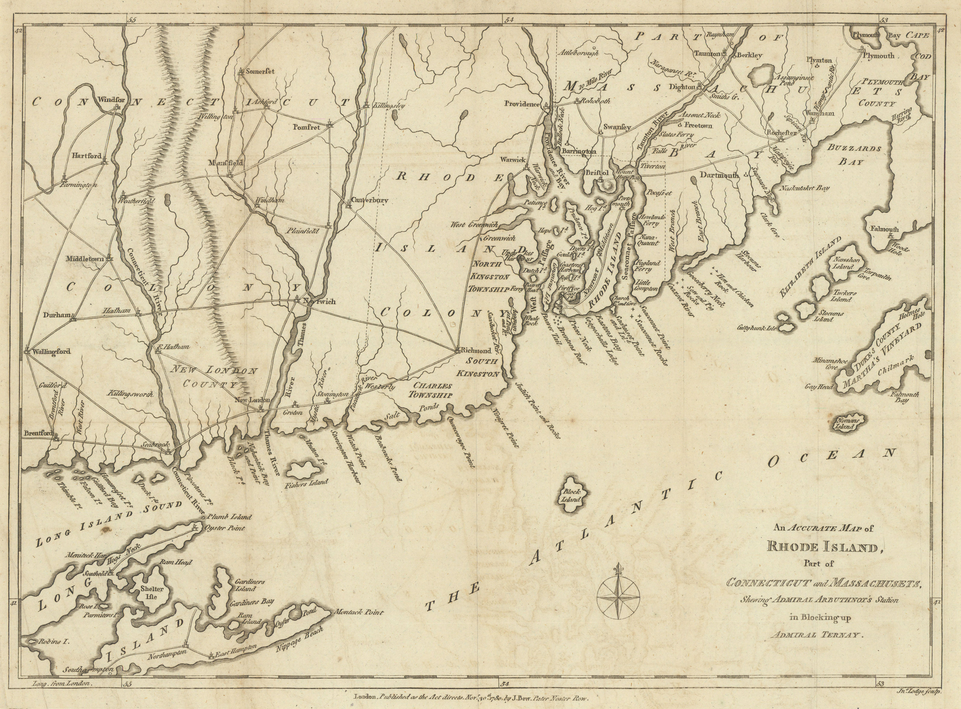 Rhode Island, part of Connecticut & Massachusetts shewing… LODGE 1780 old map