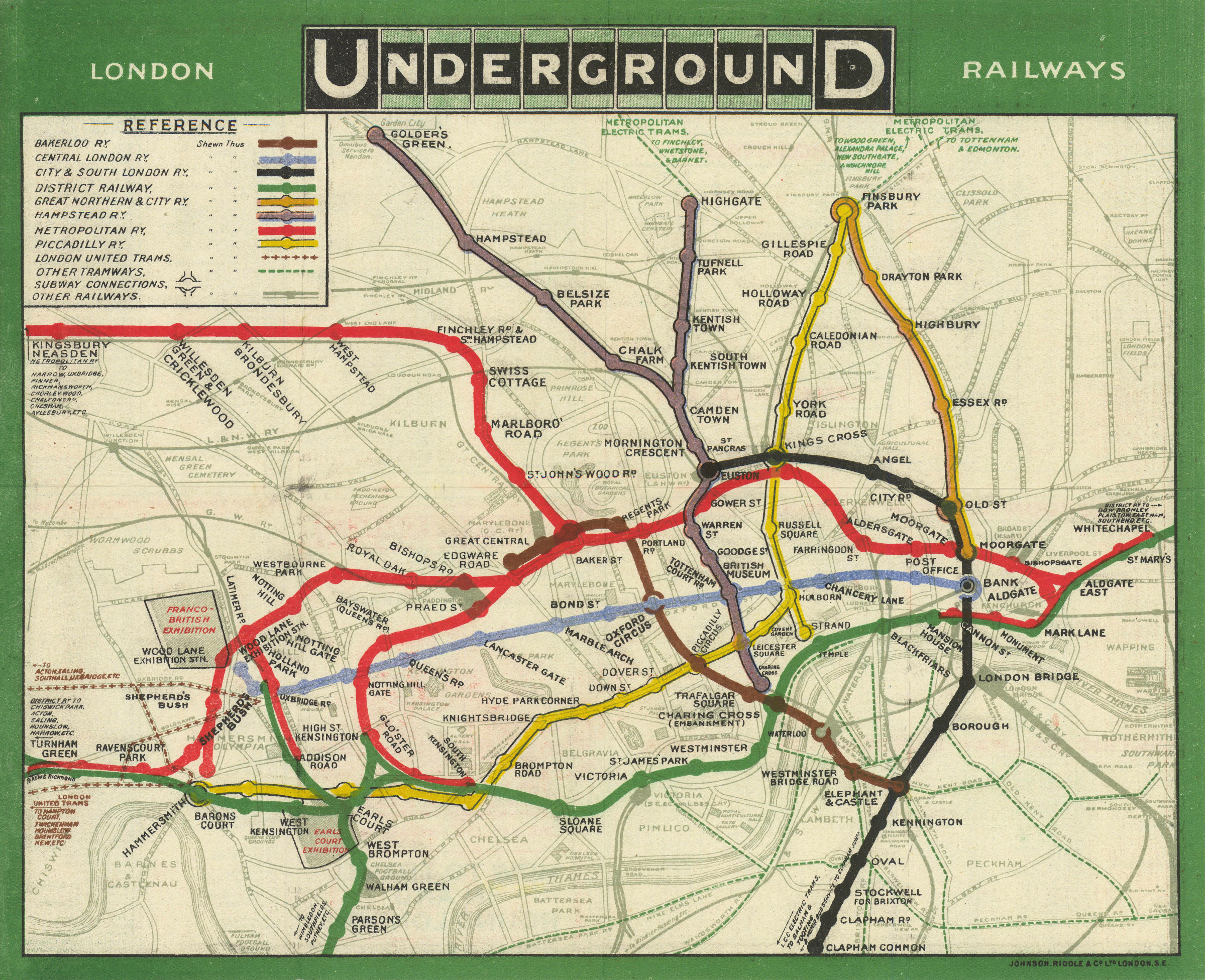 London Underground Railways. Tube network map 1908 old antique plan chart