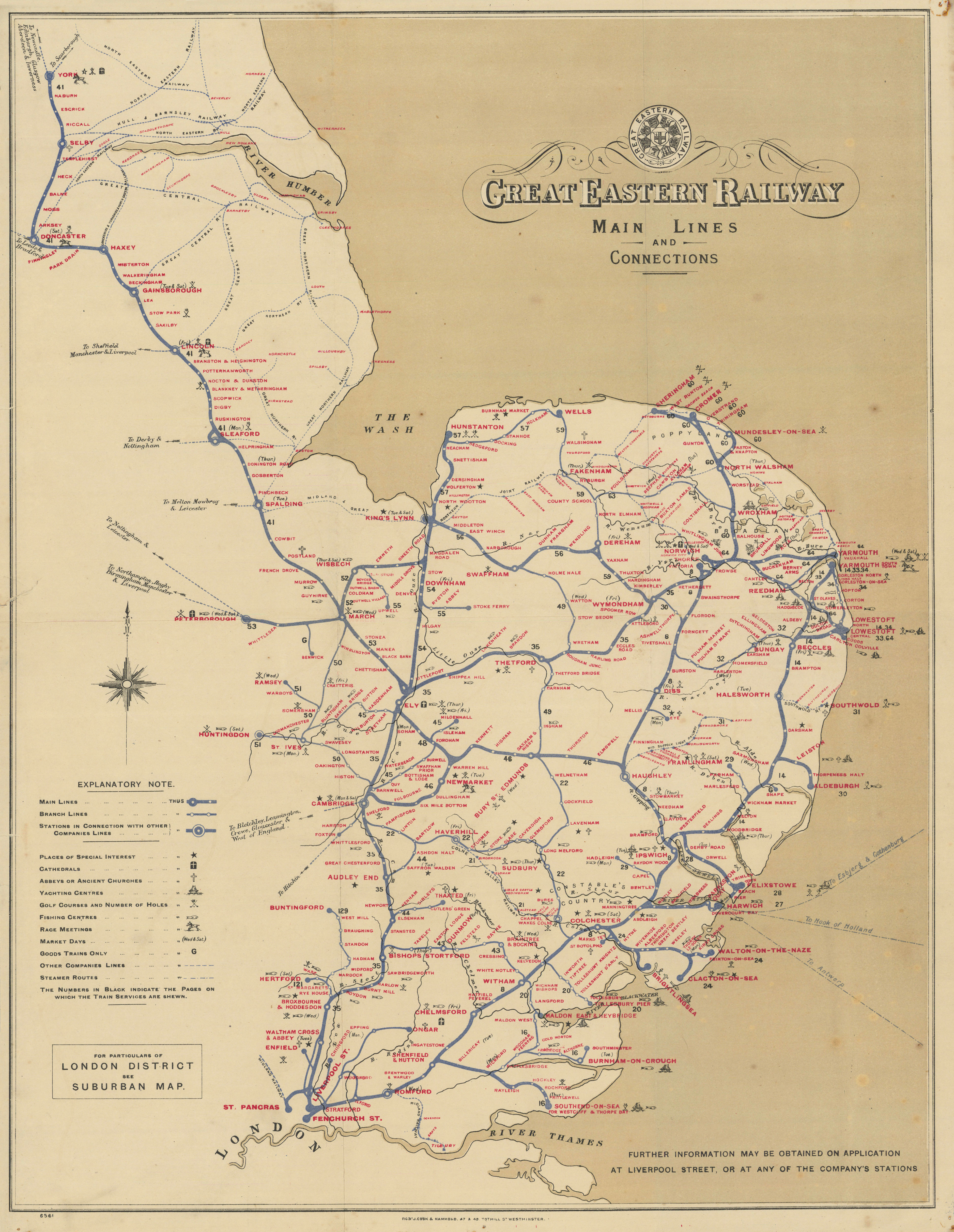 Great Eastern Railway - Main lines and connections c1918 old antique map chart