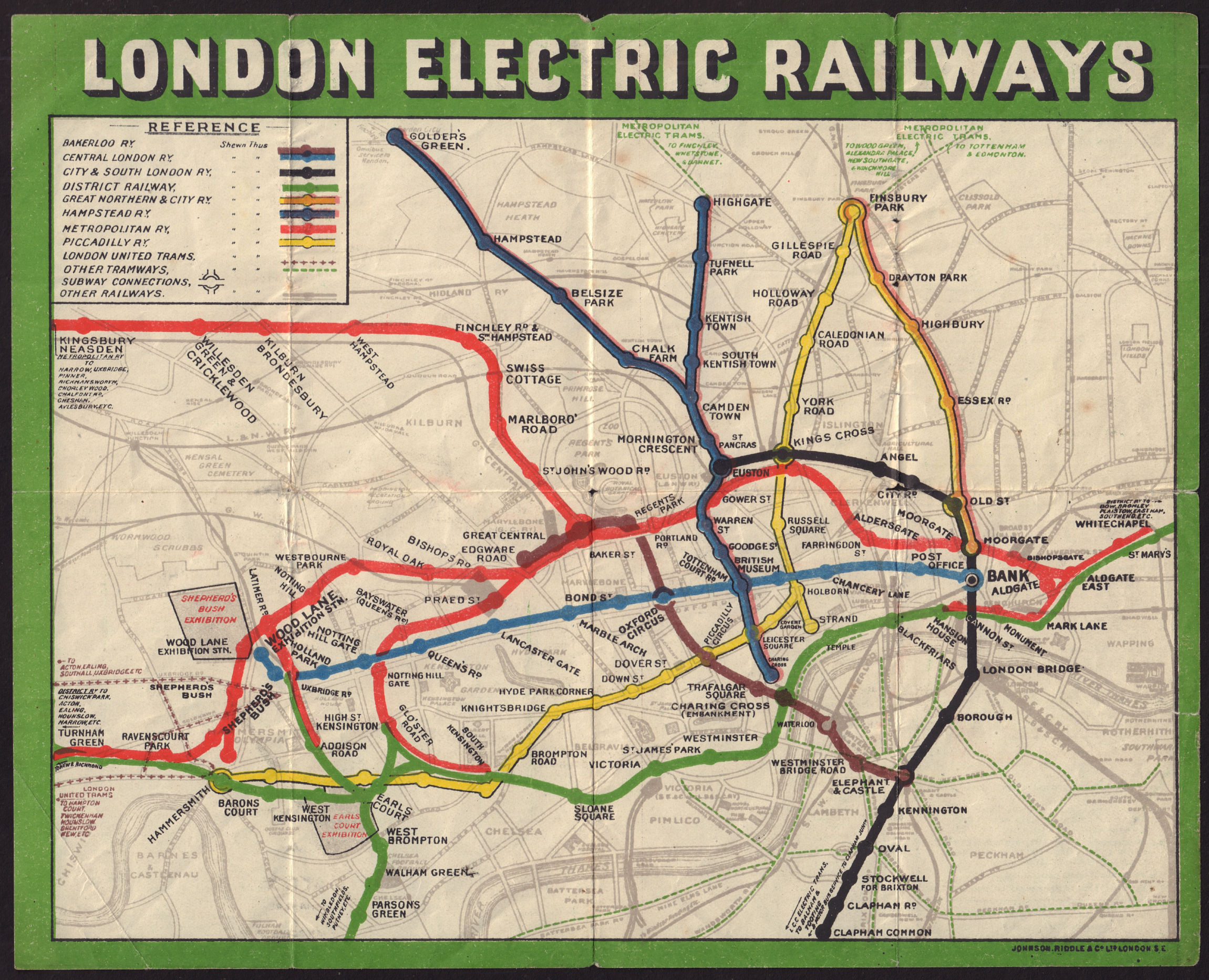 London Electric Railways. Underground tube network map 1909 old antique