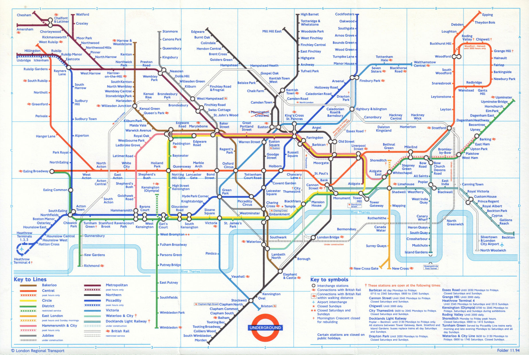 Associate Product LONDON UNDERGROUND tube map. Waterloo & City line Ongar/Aldwych shut. Jan 1995