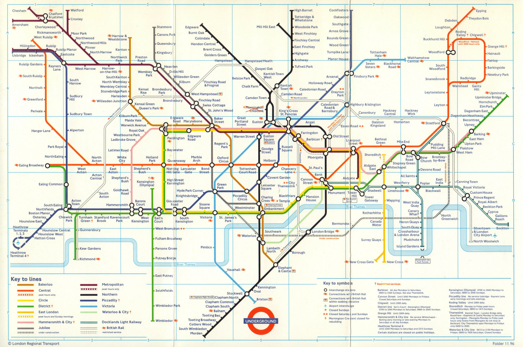 Associate Product LONDON UNDERGROUND tube map. Jubilee line under construction. November 1996