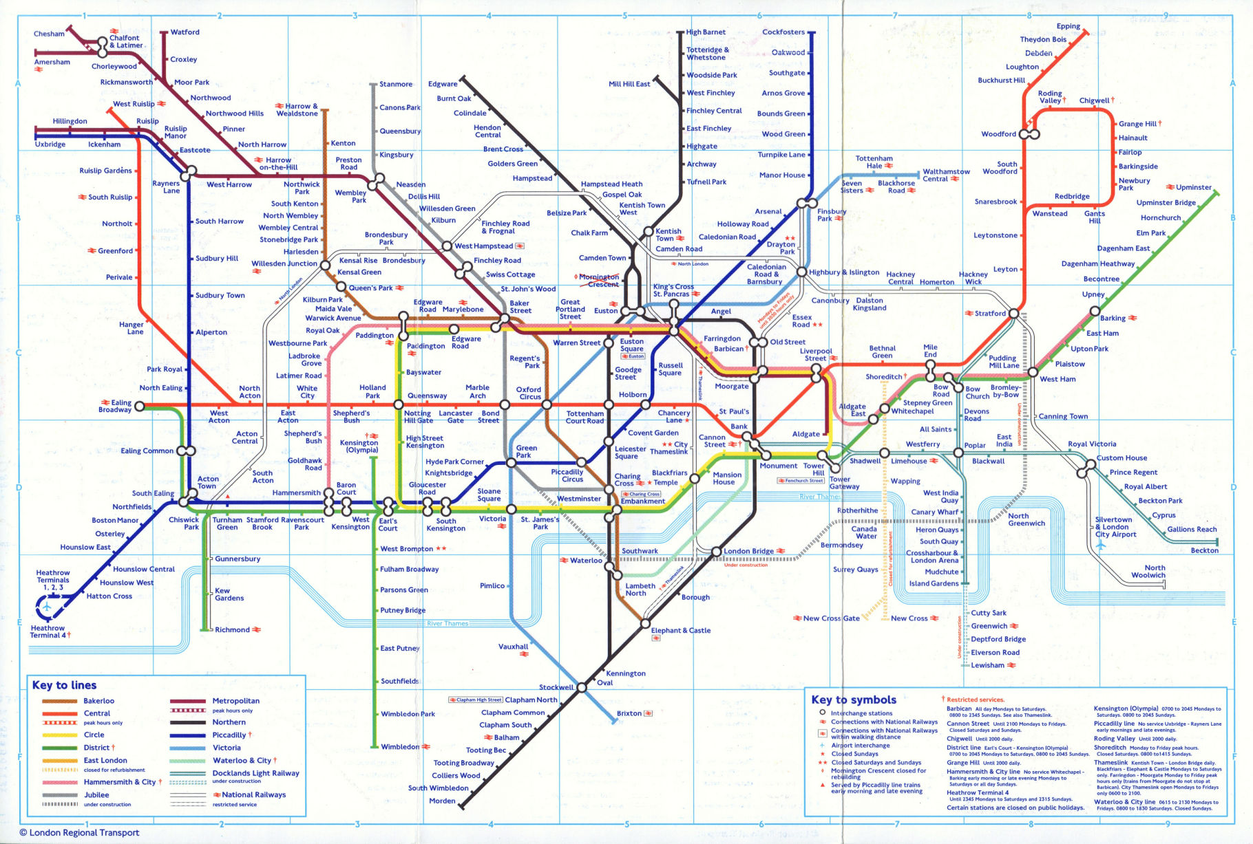 LONDON UNDERGROUND tube map East London line shut. Lewisham DLR u/c. August 1997