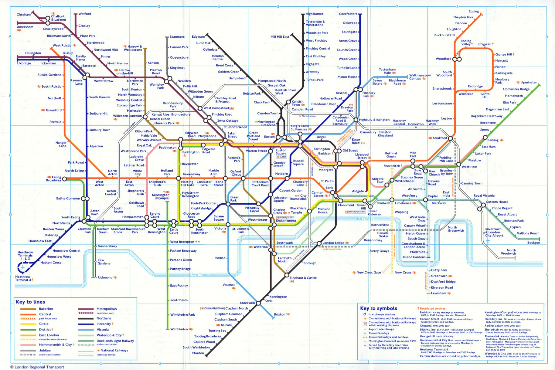 Associate Product LONDON UNDERGROUND tube map East London line shut. Lewisham DLR u/c. Oct 1997