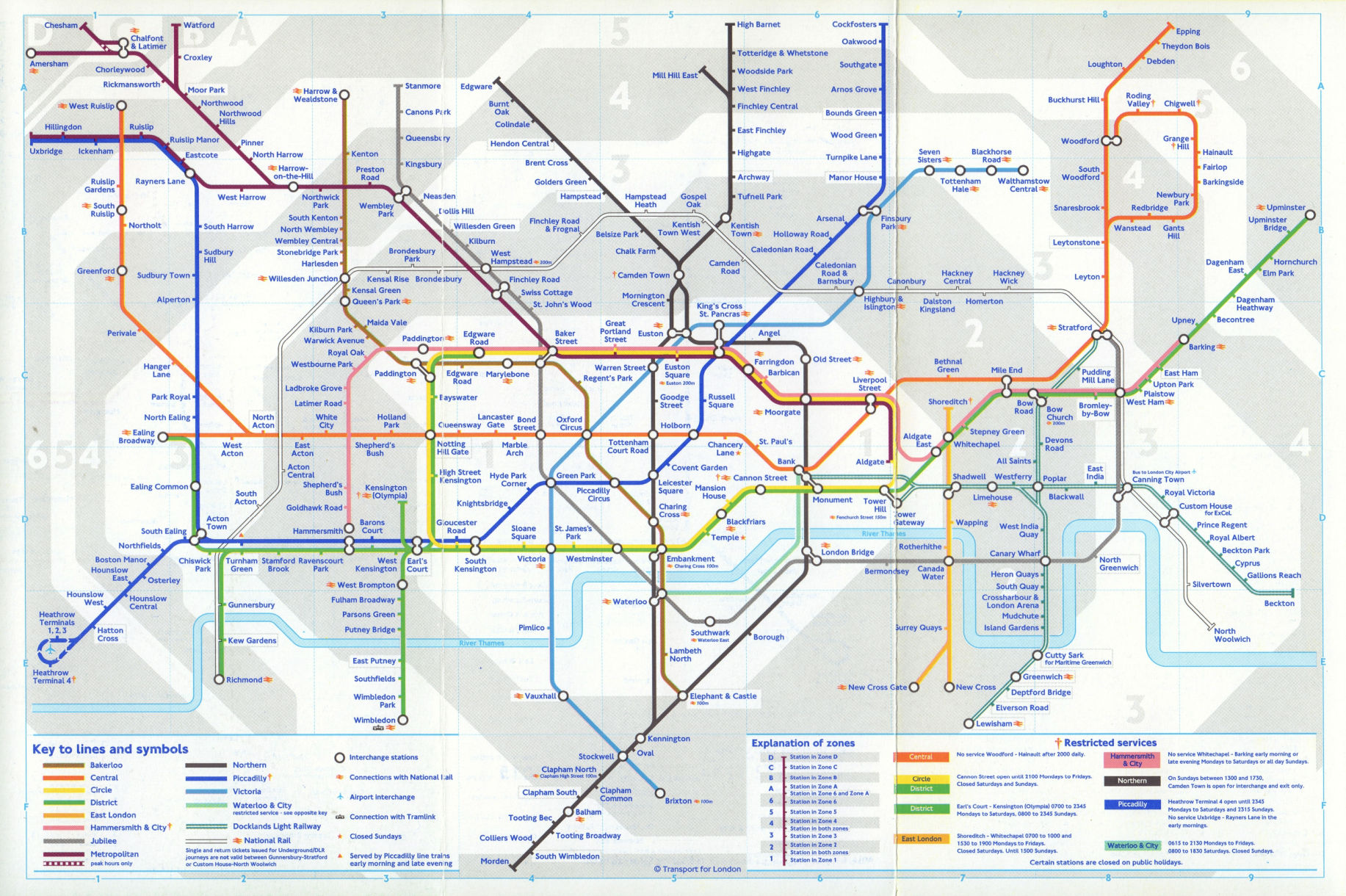 LONDON UNDERGROUND tube map. First map showing fare zones. May 2001 old