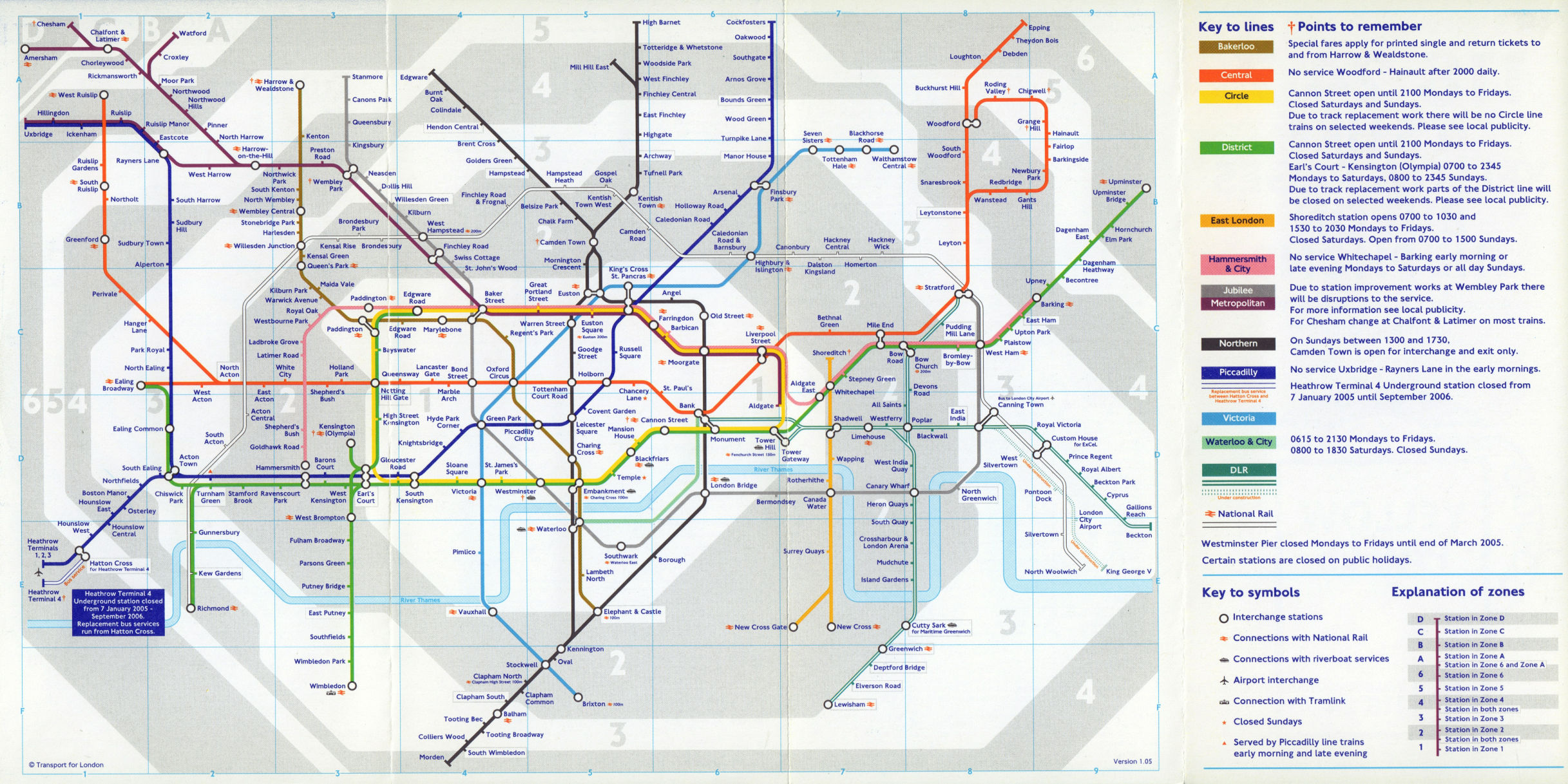 LONDON UNDERGROUND tube map. LHR T4 closed. DLR King George V u/c. January 2005