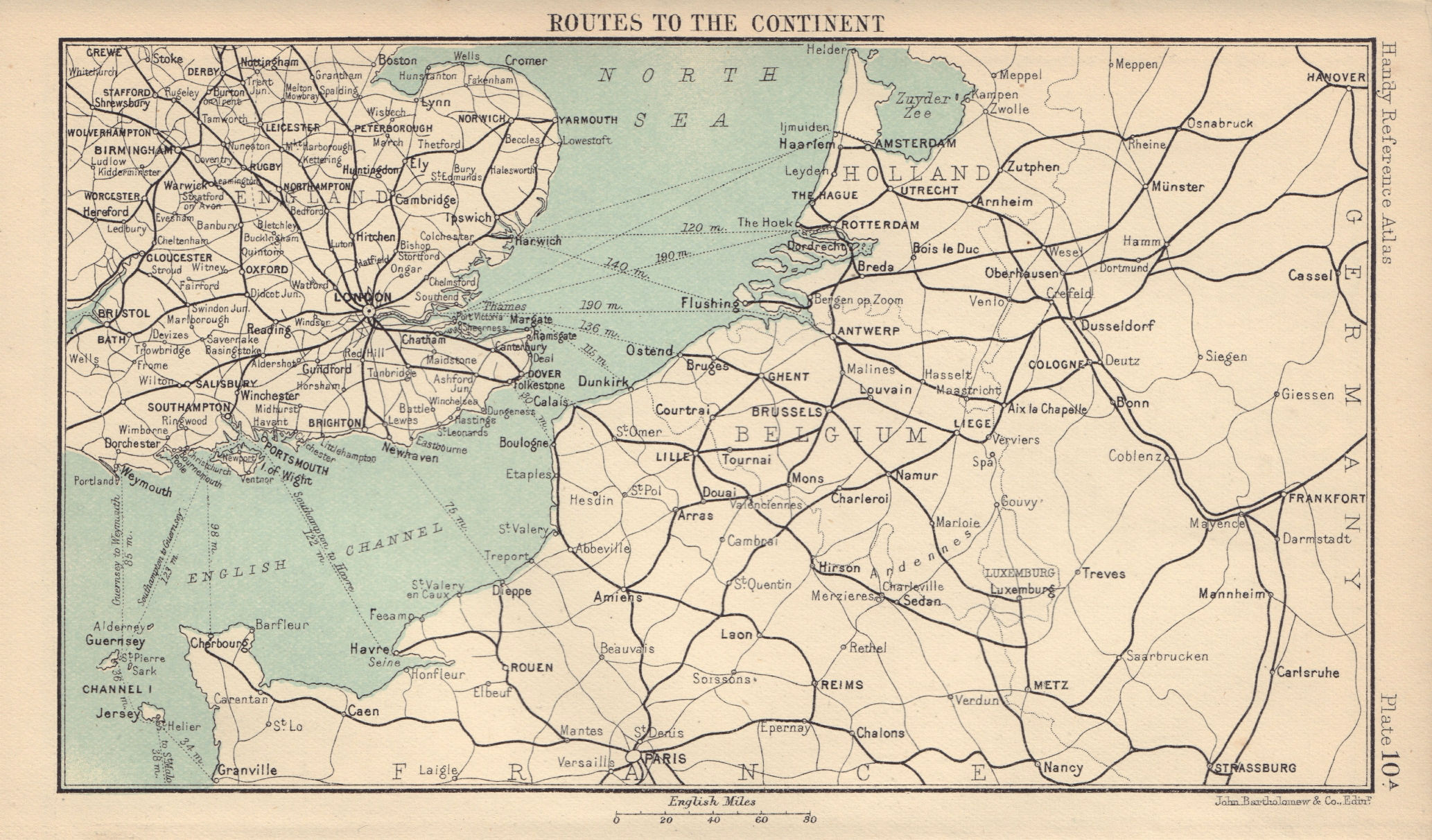 Rail routes to the Continent. English Channel. UK. BARTHOLOMEW 1898 old map