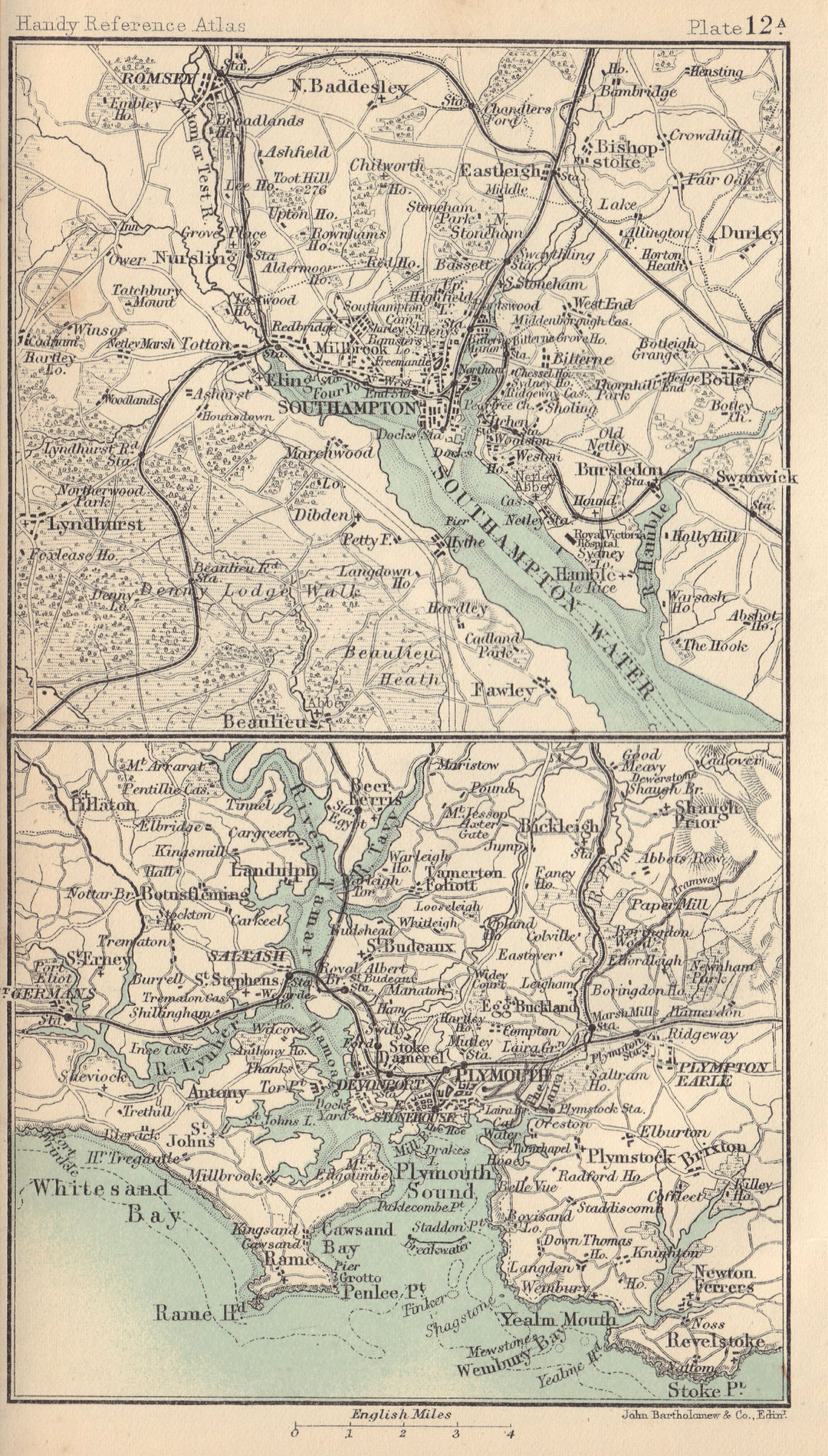Environs of Southampton & Plymouth. Hampshire. BARTHOLOMEW 1898 old map