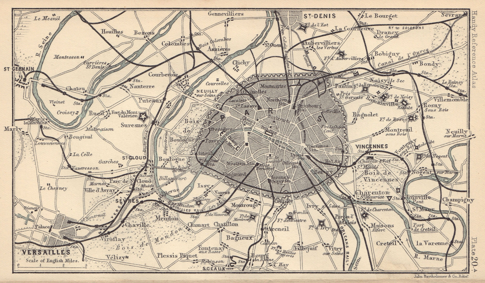 Associate Product Environs of Paris showing railways. France. BARTHOLOMEW 1898 old antique map