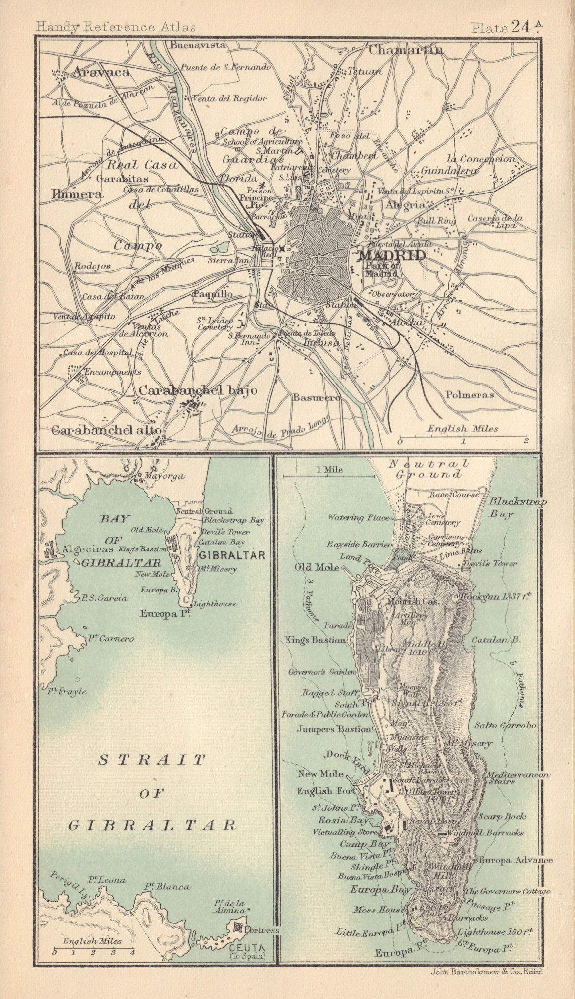 Associate Product Environs of Madrid & Gibraltar. Spain. BARTHOLOMEW 1898 old antique map chart
