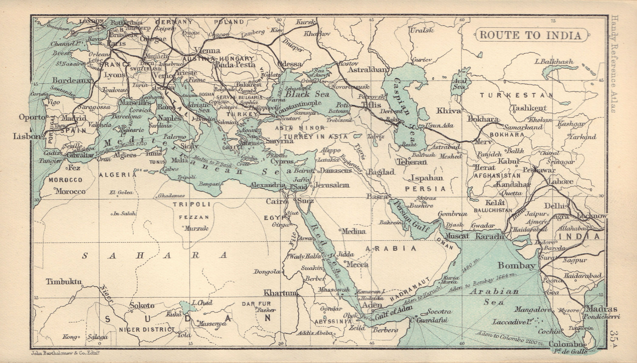 Routes to India from UK. British India. BARTHOLOMEW 1898 old antique map chart